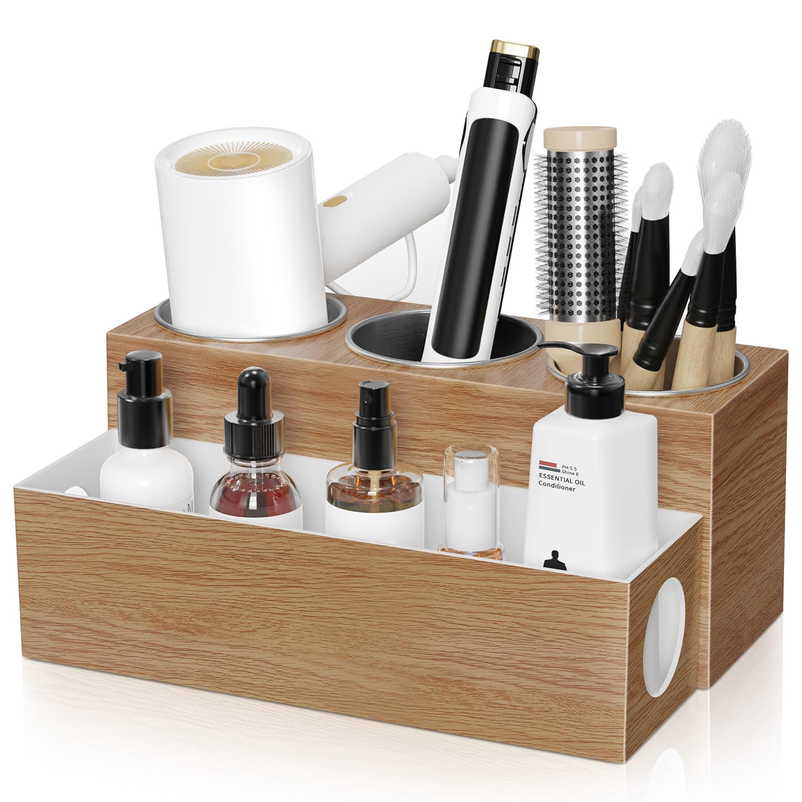 BYUNER Organizzatore per strumenti per capelli, supporto per asciugacapelli, per tavolo da toeletta, asciugacapelli e piastra per bagno, supporto portaoggetti (venature del legno)