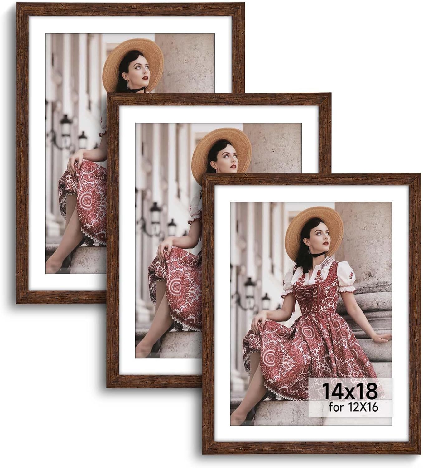 HLiWEGNS Dark Brown 14x18 Frame Set of 3 - Rustic Woodgrain 14x18 Poster Frame for Pictures 12x16 with Mat or Picture Frame Without mat for Wall Gallery Display - Ideal Christmas Day