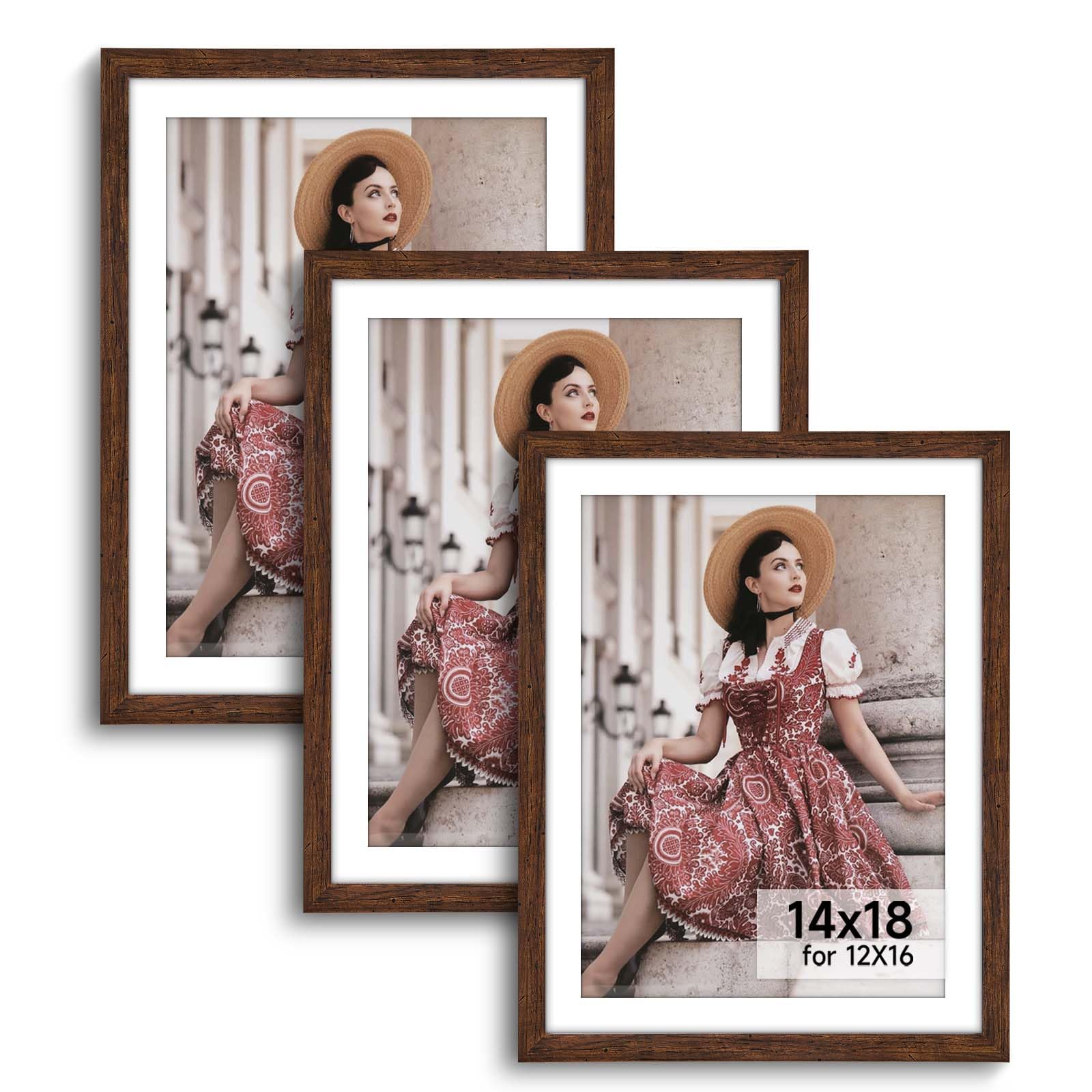 HLiWEGNS Dark Brown 14x18 Frame Set of 3 - Rustic Woodgrain 14x18 Poster Frame for Pictures 12x16 with Mat or Picture Frame Without mat for Wall Gallery Display - Ideal Christmas Day