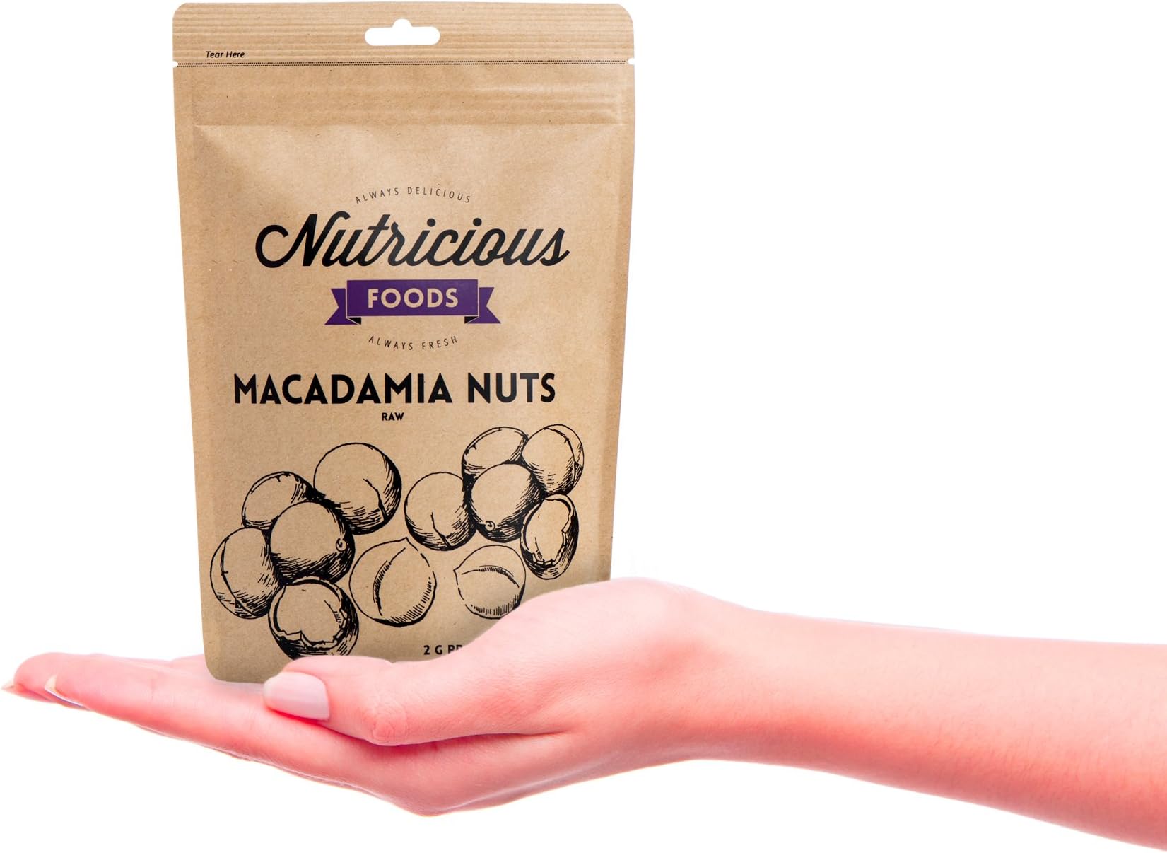 Nutricious Foods Maca-damia Nuts. 2 Grams of Protein. 2 Grams of Fiber. 9.9 oz bag. Freshly Packed. Unsalted. Always Delicious, Always Fresh.