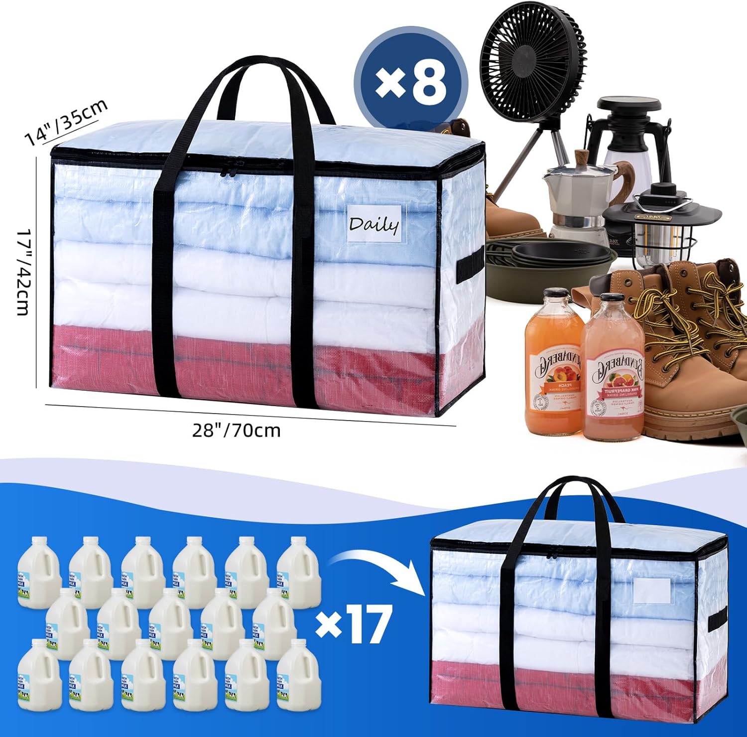 TAILI Extra Large Moving Bags, 8 Pack Clear Heavy Duty Totes For Storage with Visible Window, Wrap Around Handles, Storage Bags for Space Saving, Alternative to Moving Boxes