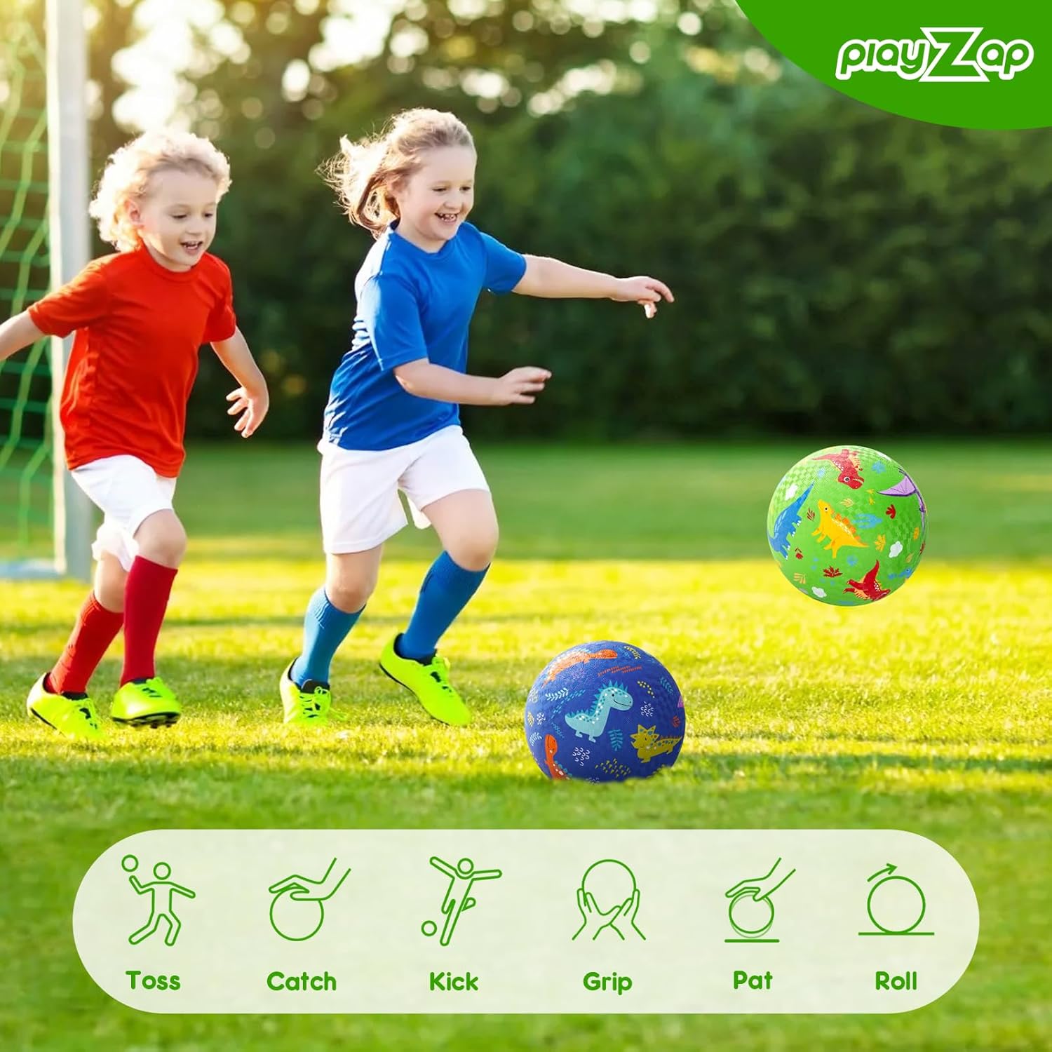 PlayZap 2 Pack Playground Balls for Toddlers, Dinosaur Kickballs for Kids 3-12, 8.5" Rubber Bouncy Balls with Pump, Indoor & Outdoor Dodgeball Toys for Boys & Girls Gifts