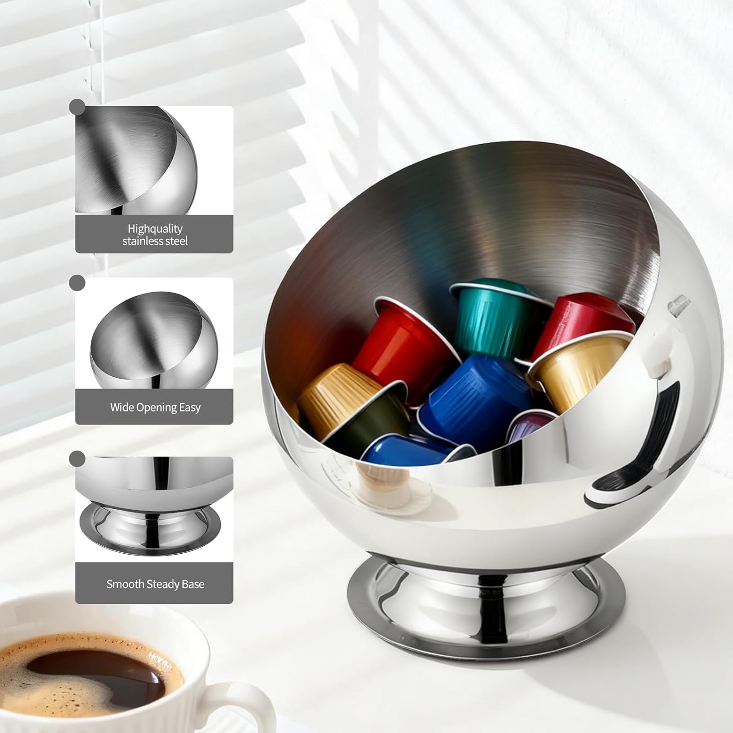 Coffee Pod Holder - Large Capacity Metal K Cup serve for Nespresso Pod Storage Container with Silver Finish, Multi-Use Creamer & Candy Bowl for Countertop, Coffee Bar Accessories(Silver)
