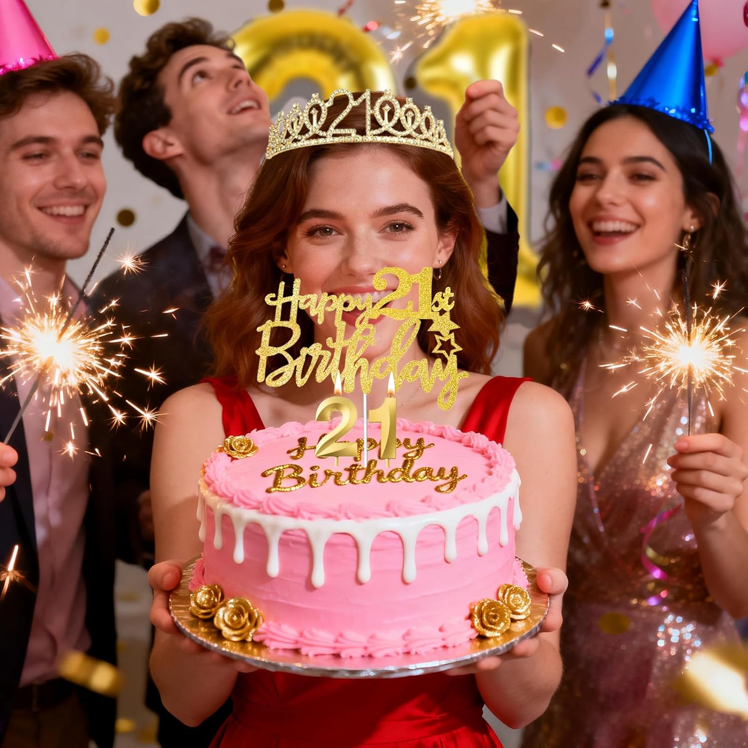 21st Birthday Decorations for Her with 21st Birthday Sash and Crown, Number Balloons, Birthday Card, Cake Topper and Candles, 21 Year Old Female Gifts for Her, Gold - Image 6