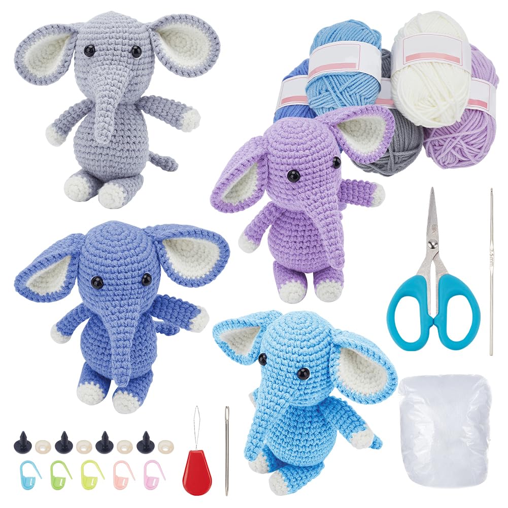 FREEBLOSS 5 Set Häkelset Häkelelefant, Häkeltiere Set Für Anfänger Mit Video Tutorials, Häkel Starter Set, Häkelgarn Und Haken Set Für Anfänger, Strickset als Geschenk