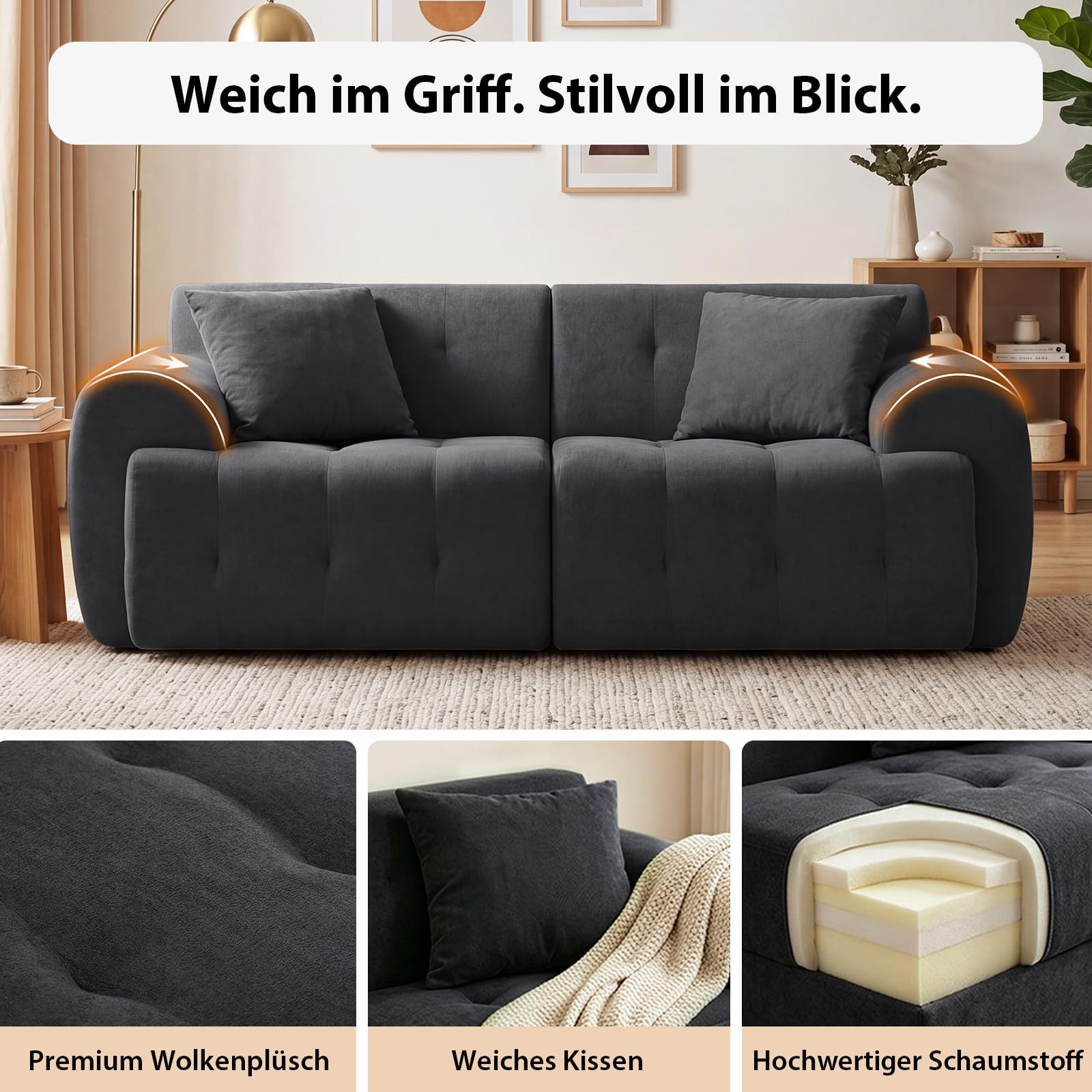 COMHOMA Sofa 2 Sitzer, 180 x 86 x 40 cm Bodensofa, Couch mit Rückenlehne, Kissen und Armlehne, Modernes Stoffsofa für Wohnzimmer, Wohnung, Büro, Keine Montage, Dunkelgrau