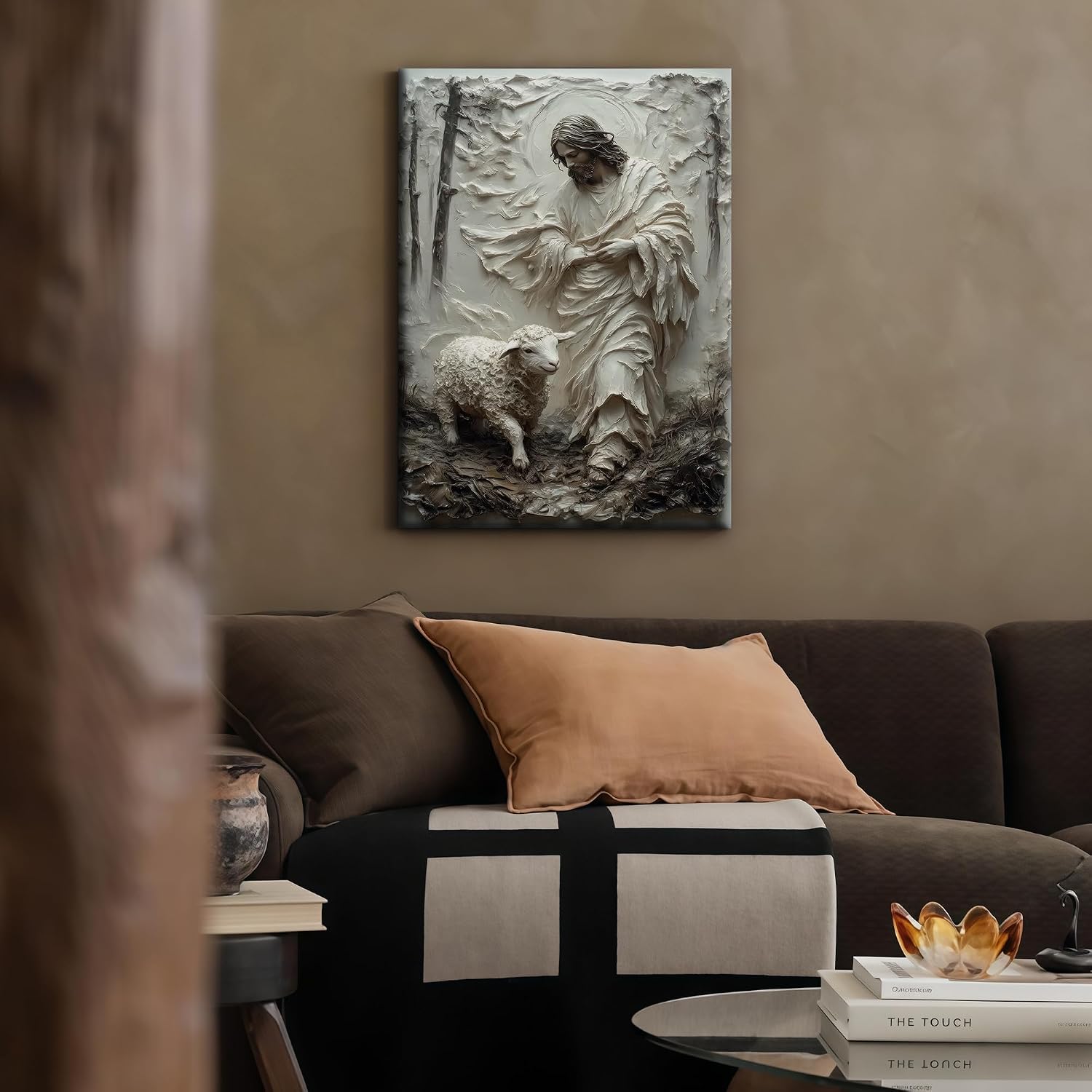 Jesus and Lamb Canvas Wall Art The Good Shepherd Christian Wall Decor pictures Religious Sculpture Effect Poster Prints for Living Room Bedroom Church Ready to Hang