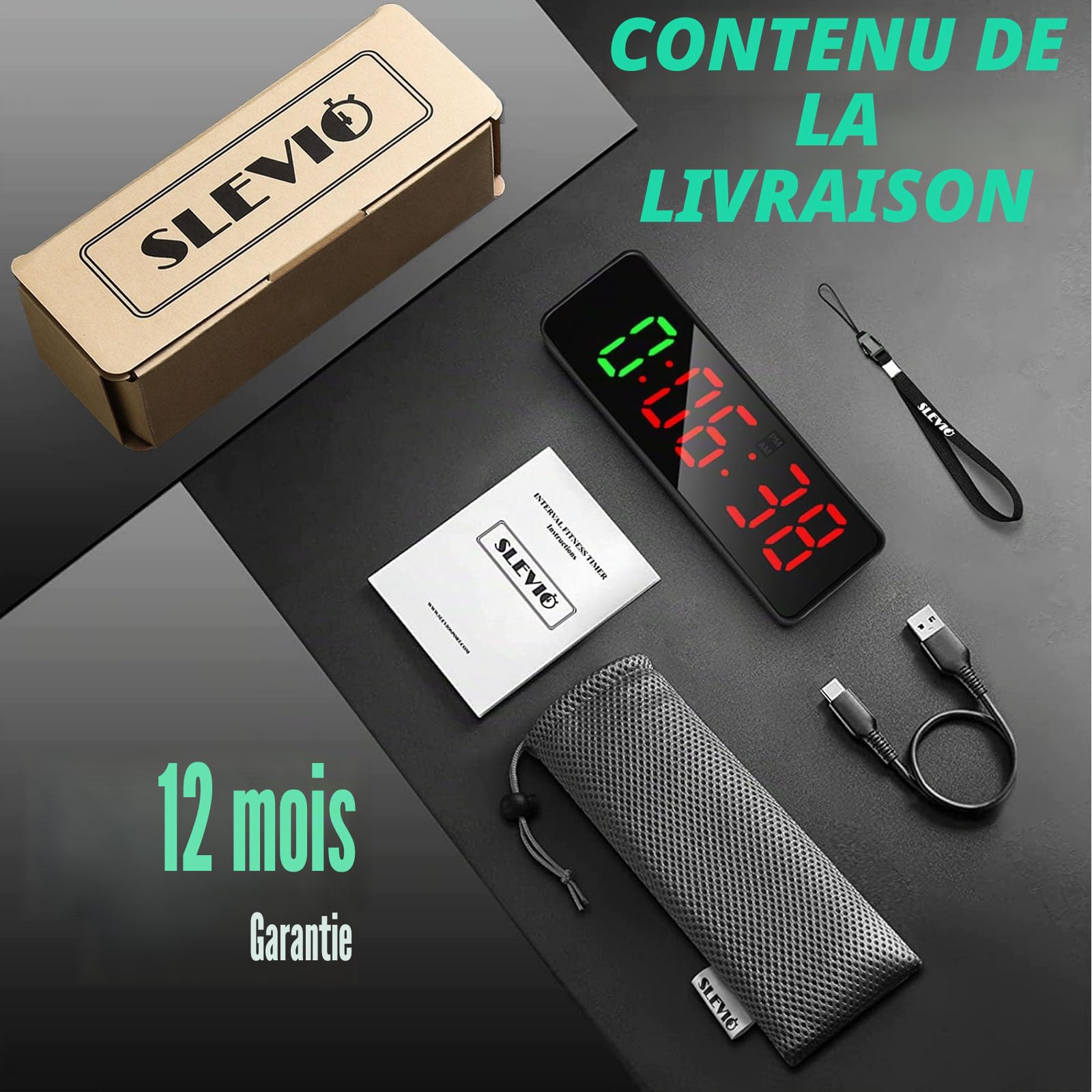 Minuteur d'entraînement portable avec boîtier en caoutchouc et tranche magnétique intégrée, grand écran numérique LED anti-vertige, pour maison, garage, école (noir)