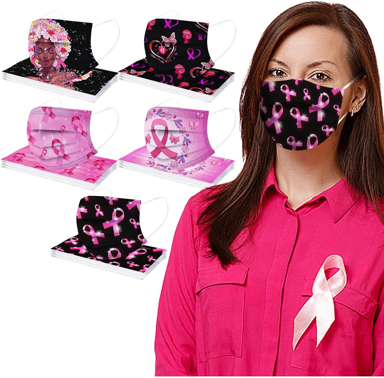 CelendiAdults Disposable_Face_Masks_Breast Cancer Awareness Pink Ribbon_Bandana Breathable Comfort Fabric for Daily Protection
