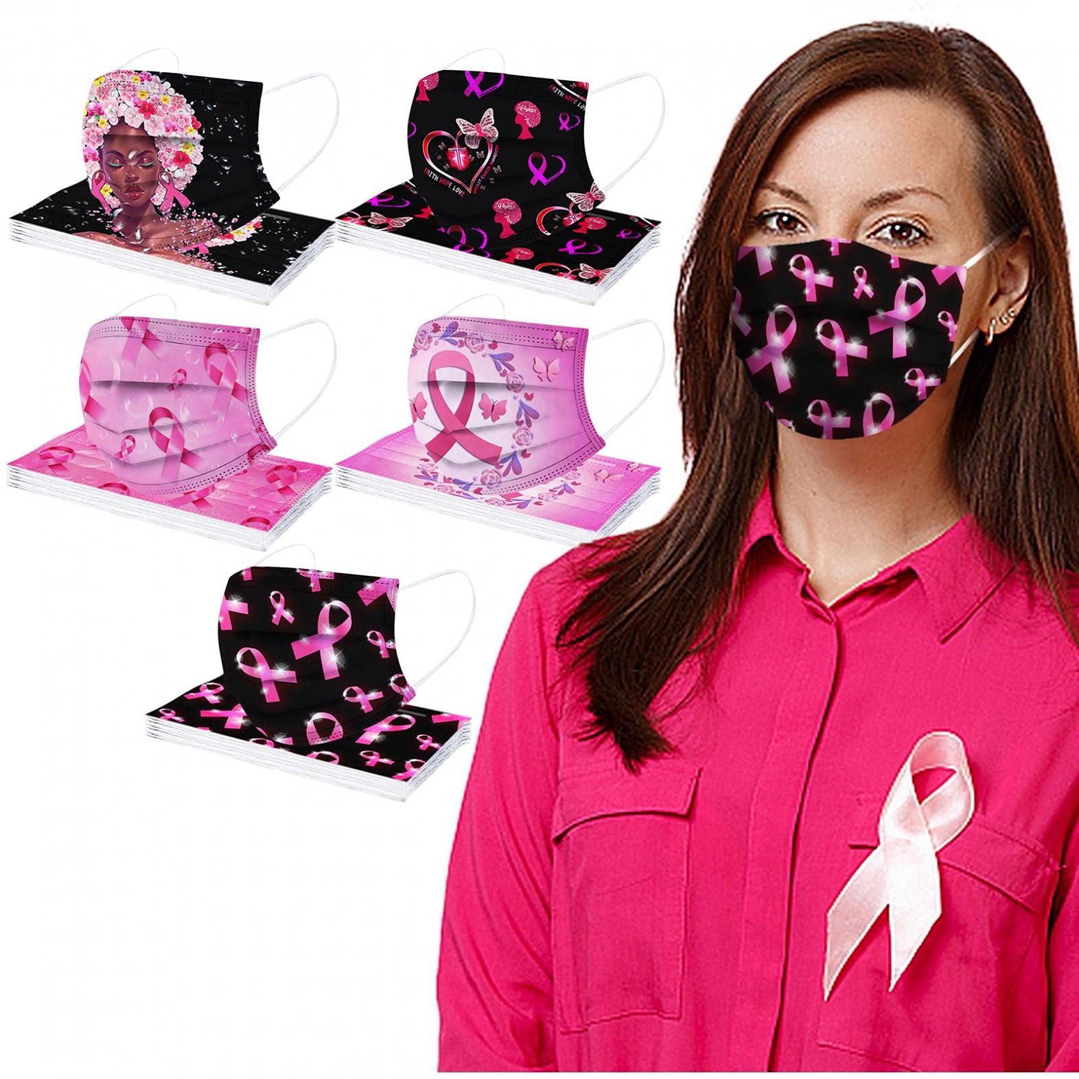 CelendiAdults Disposable_Face_Masks_Breast Cancer Awareness Pink Ribbon_Bandana Breathable Comfort Fabric for Daily Protection