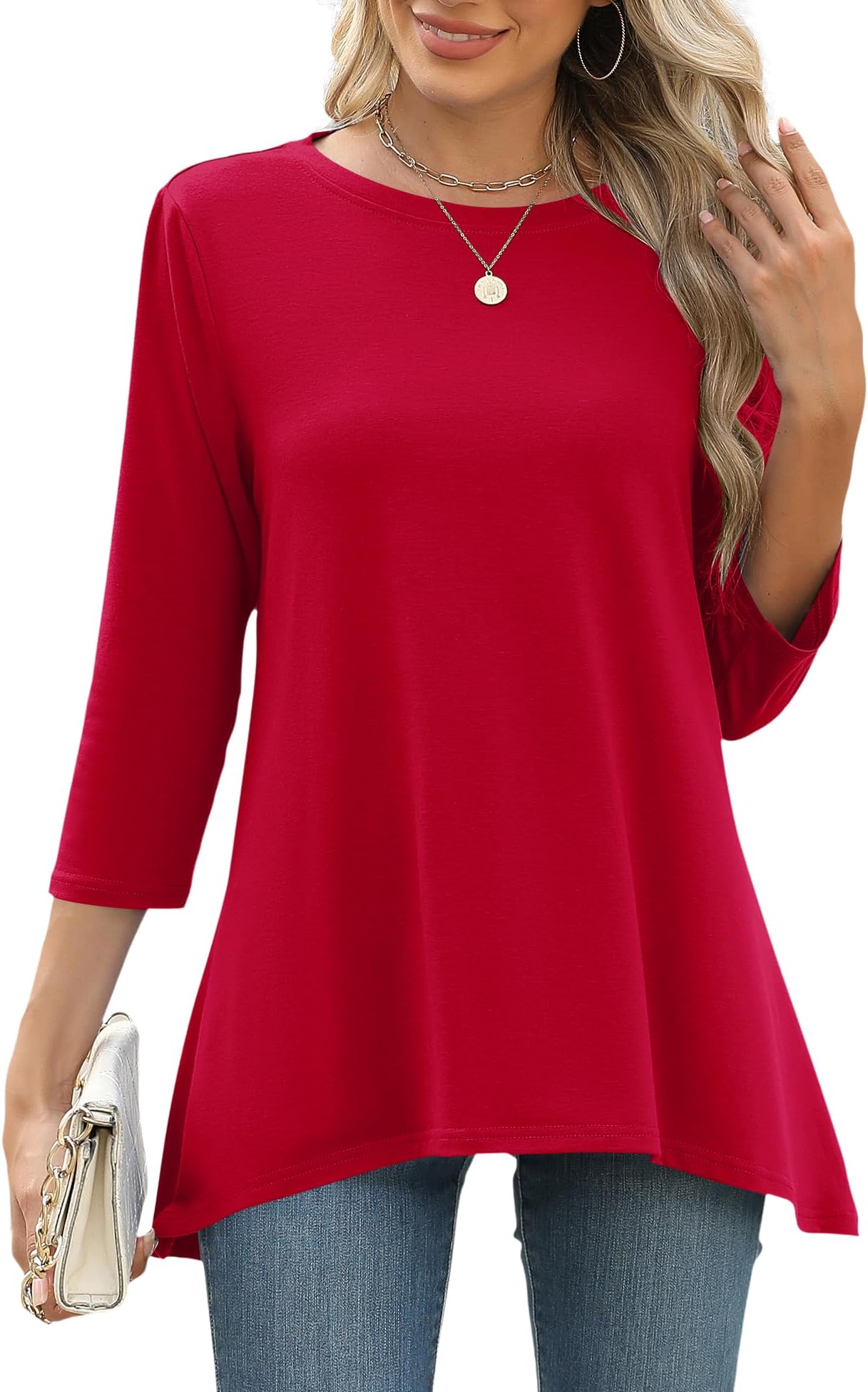 3/4 Sleeve Tunic Tops for Women Loose Fit Dressy Casual Blouse Flowy Shirts to Wear with Leggings S-3XL
