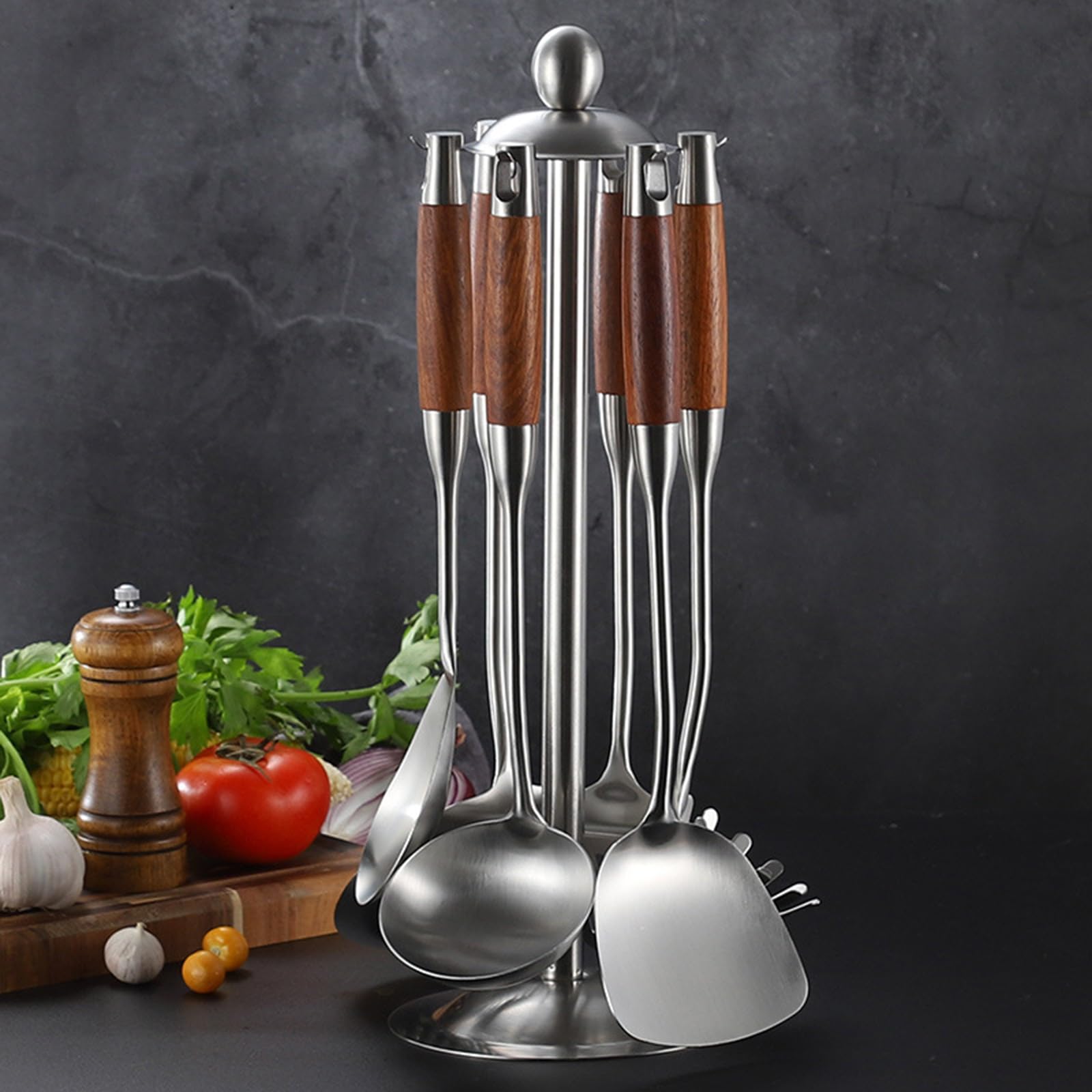 Ensemble d'ustensiles de cuisine en acier inoxydable avec support, poignées en bois isolées thermiques, passe au lave-vaisselle, 7 pièces