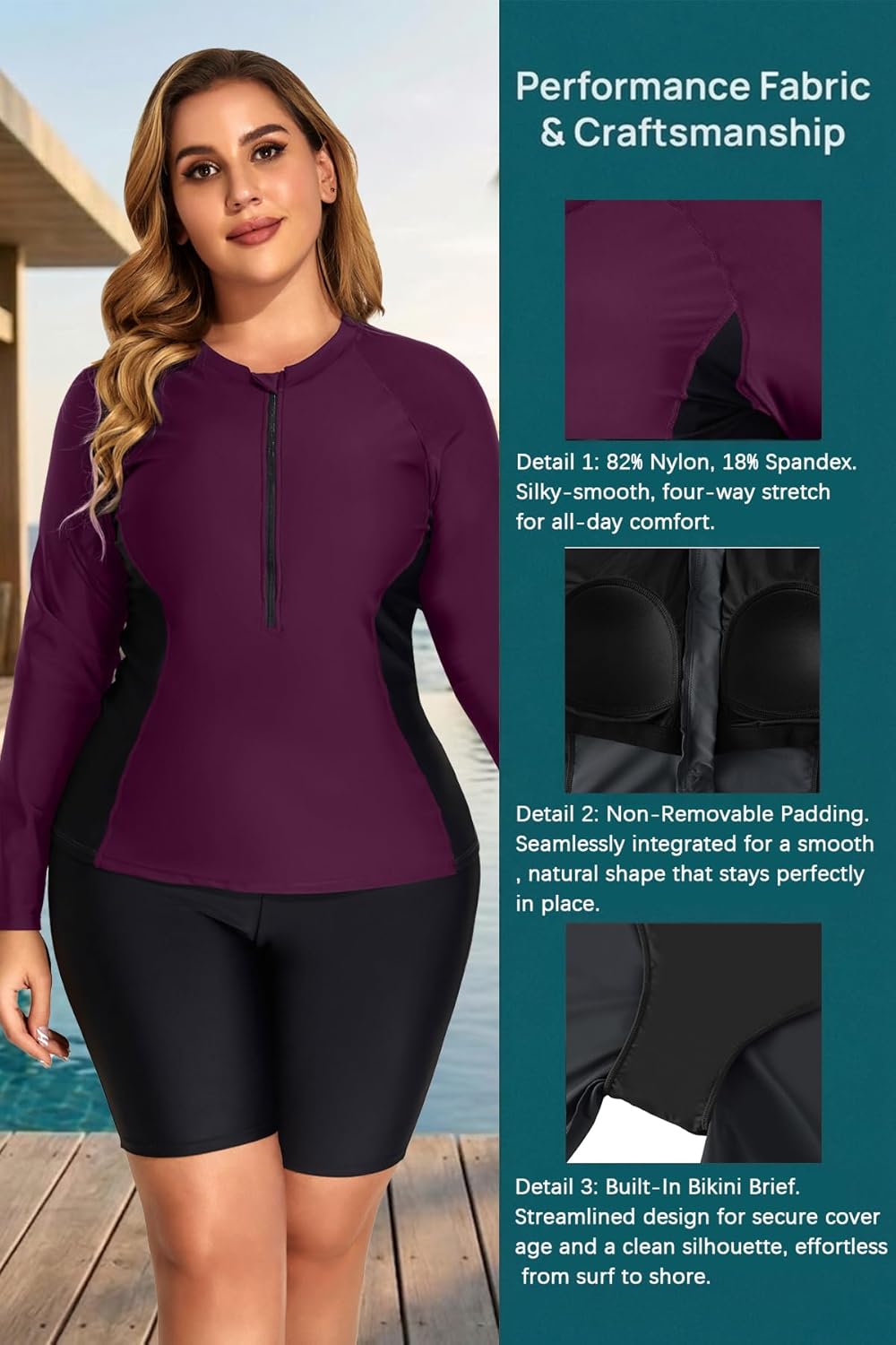 Daci Plus Size Rash Guard for Women - Long Sleeve UPF 50+ Swimsuits 2 Piece Built in Bra Swim Shirt with Shorts