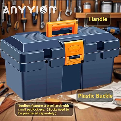 Miniatura 2 de Anyyion Caja de herramientas pequeña de 13 pulgadas, caja de herramientas con cerradura para el hogar, verdaderamente resistente, sin bandeja