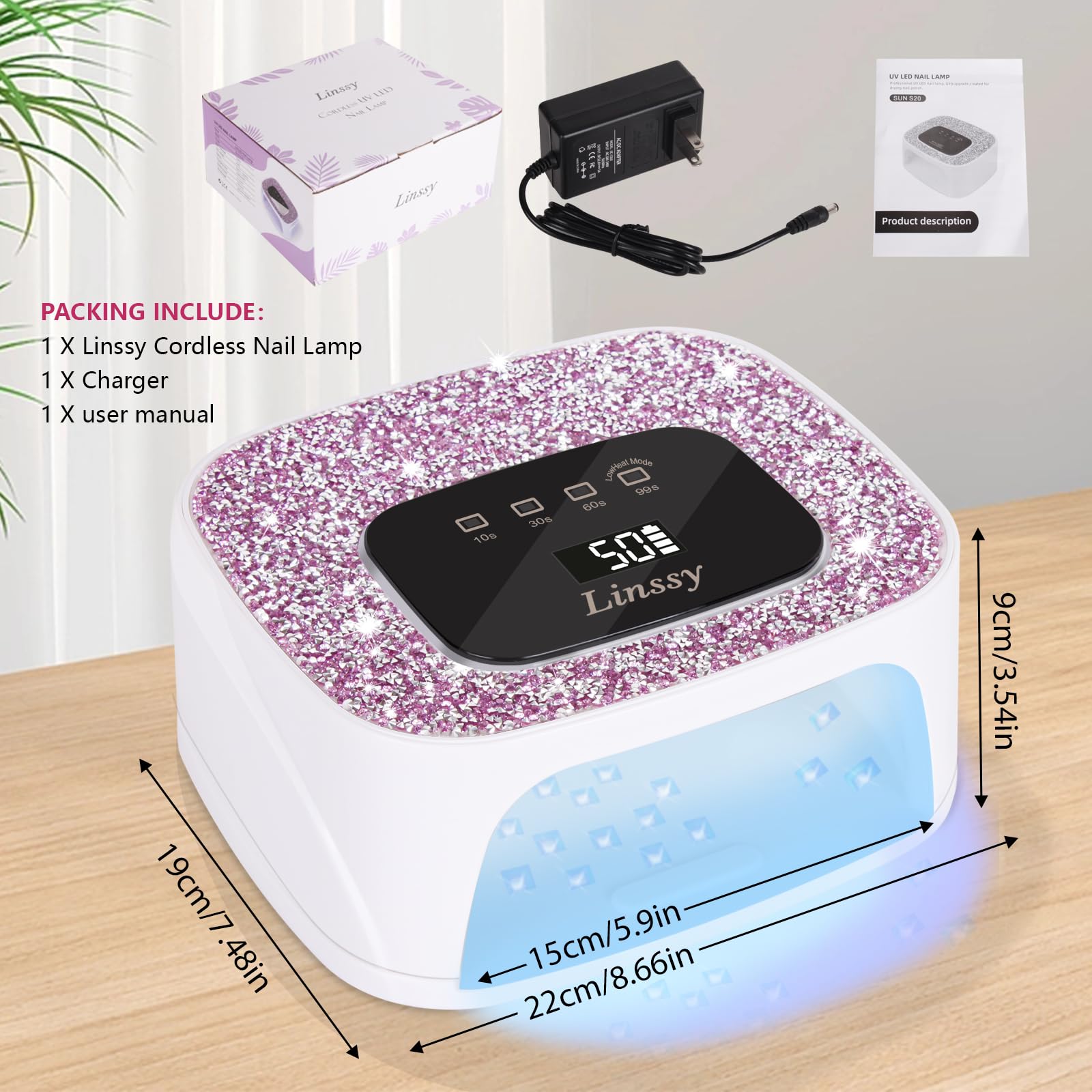 Linssy - Lampada per unghie ricaricabile UV/LED con sensore automatico, asciugatore per unghie in gel portatile senza fili con luce a 4 temporizzazioni e display LCD a diamante, luce UV per unghie in