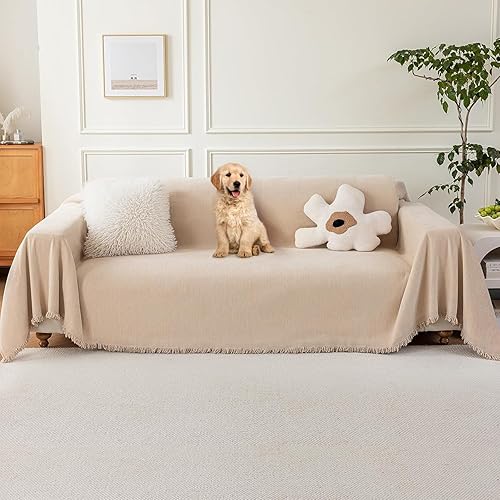 Miniatura 12 de Funda para sofá modular de mascotas, funda antideslizante para sofá de 2 cojines, manta de felpilla lavable con borlas, protector de muebles apta