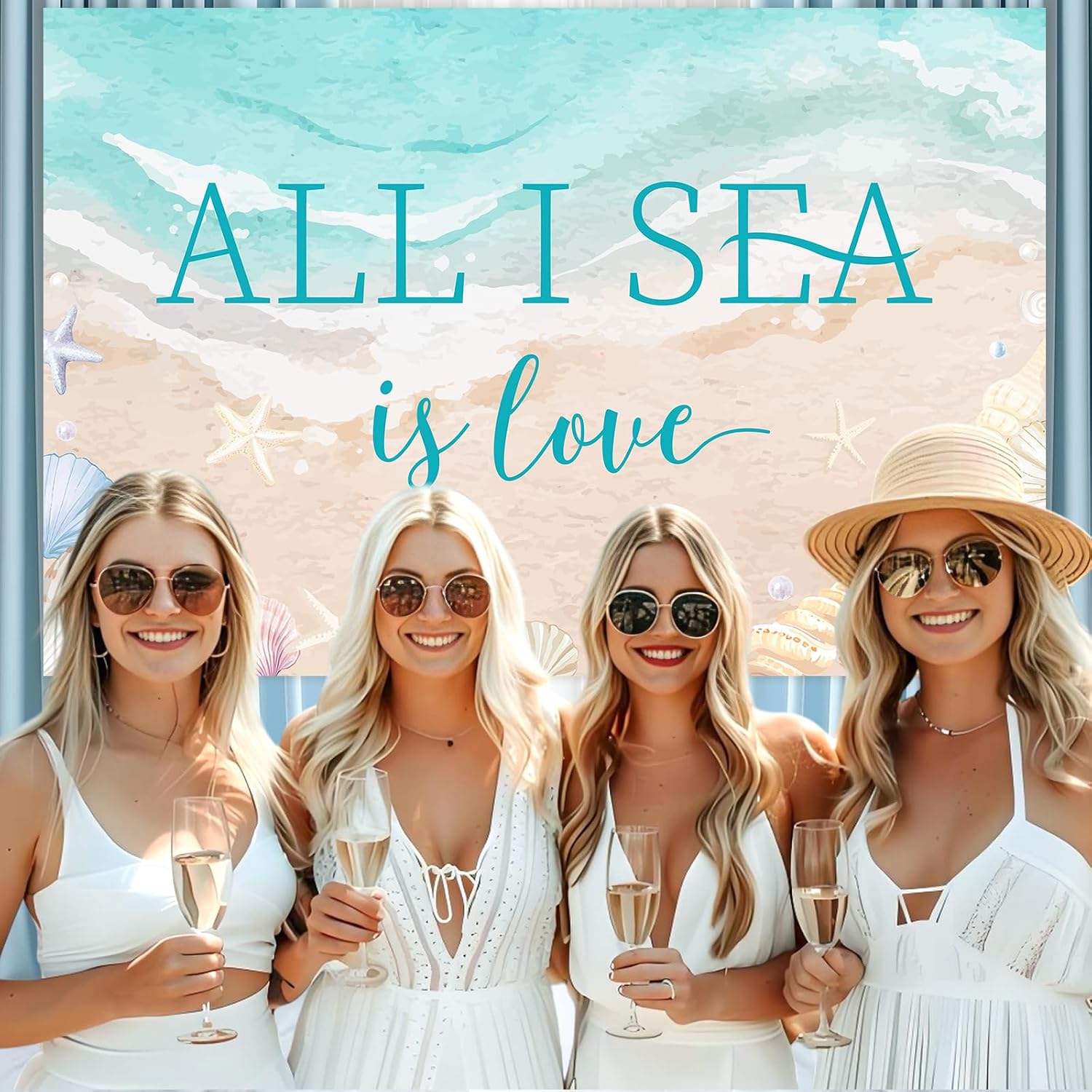 Beach Shell Bridal Shower Decor 4.92*3.28ft All I Sea Is Love Backdrop Banner Mermaid Bachelorette Decor Ocean Nautical Coastal Party Supplies for Surf Summer Seaside Engagement Wedding Party