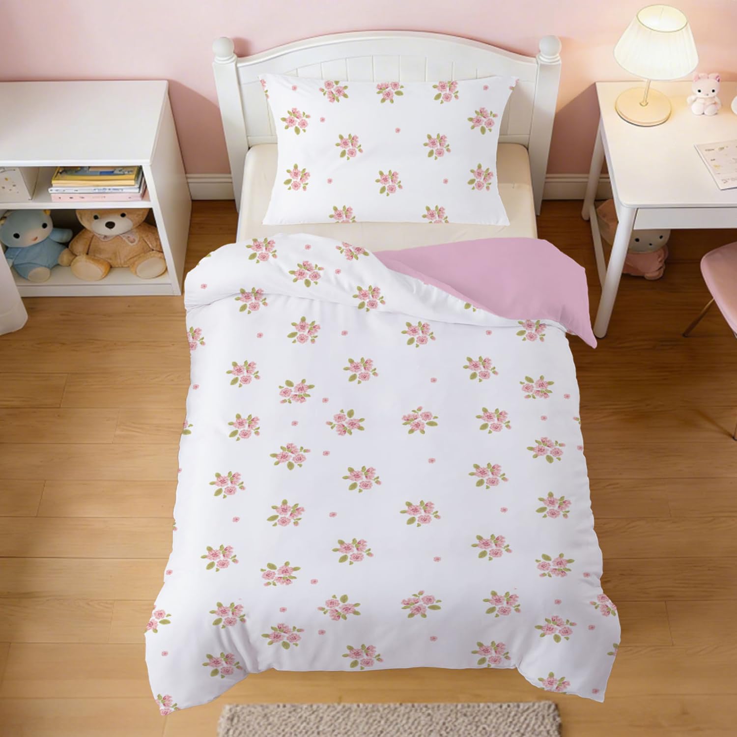 ROZTYLJ Single Duvet Cover Set Pink Floral, Microfibre Bedding Set with Zipper Closure, Aesthetic Romantic Flower Quilt Cover 135x200 cm and 1 Pillowcase 50x75 cm