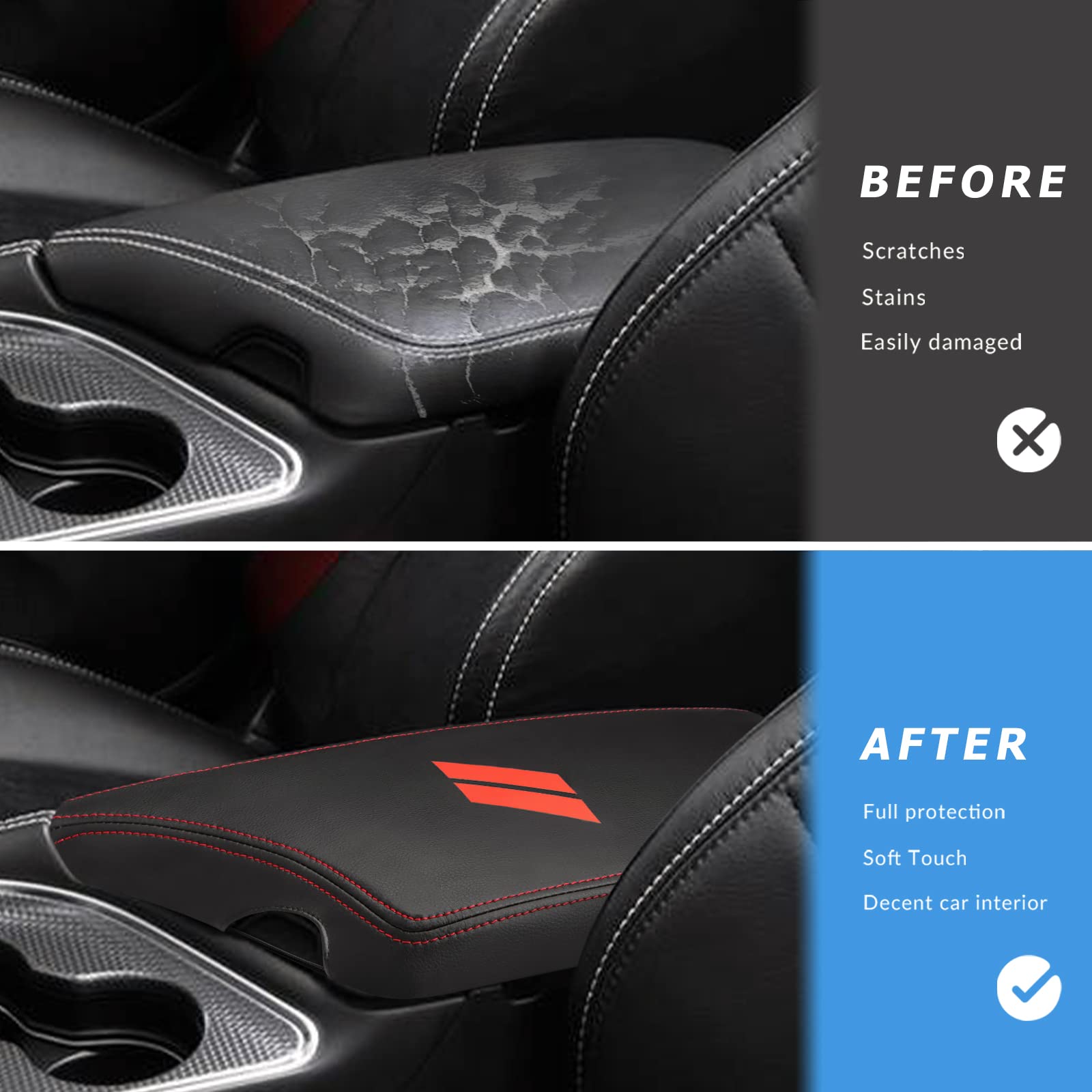 INTGET Auto Mittelkonsole Armlehne Abdeckung für Dodge Challenger Zubehör 2023 2022 2021 2020 2019 2018 2017 2016 2015 Innenarmlehne Sitzbezug Mittelkonsole Abdeckung Deckel Schutzpolster (rote Nähte)