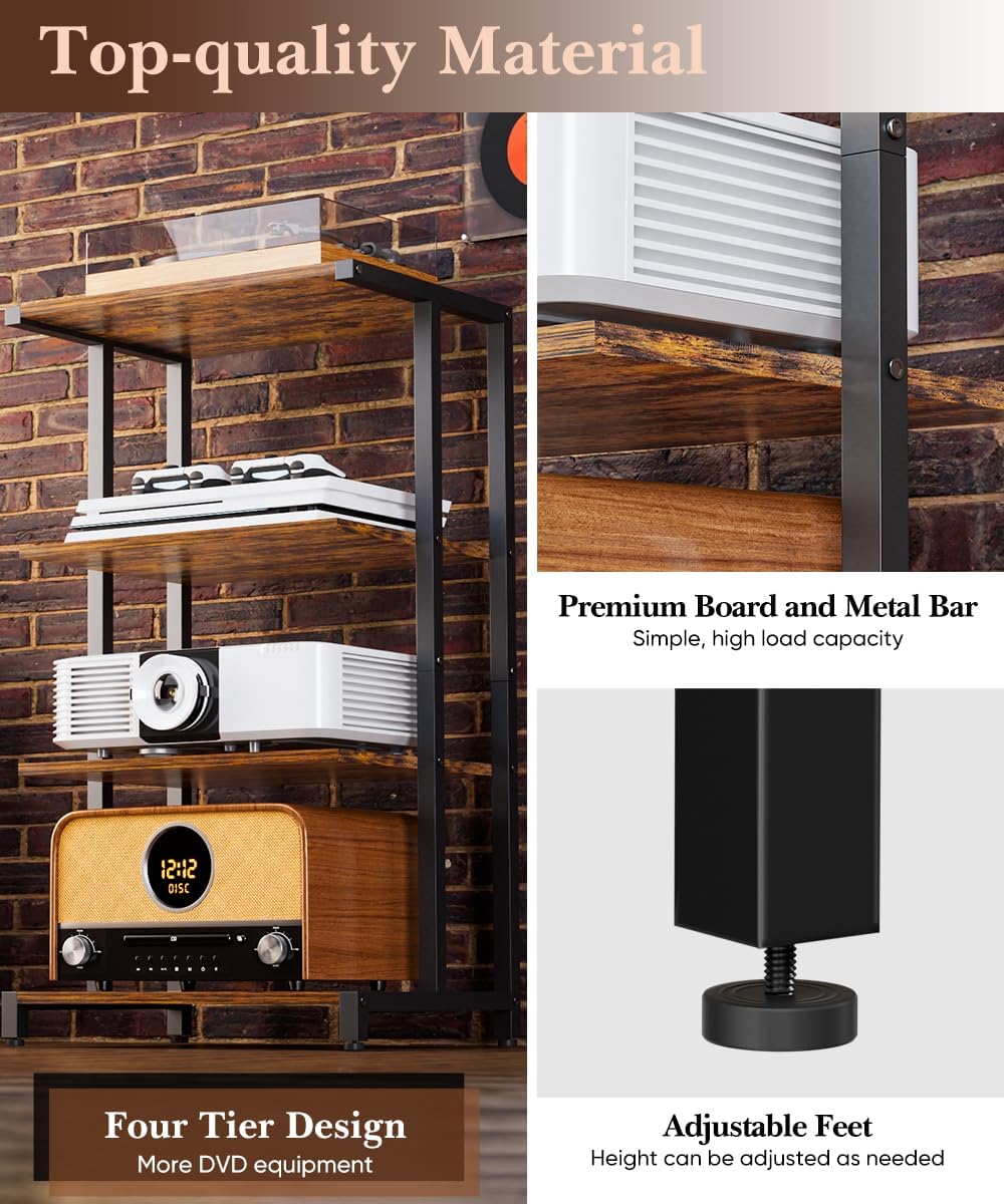 4-Tier Media Storage Stand, Audio Media Rack for Living Room, Gaming Room, Music Studio, Wooden Game Console Shelf for TV Accessories/Audiovisual Equipment/Optical Disc/PS4, Black