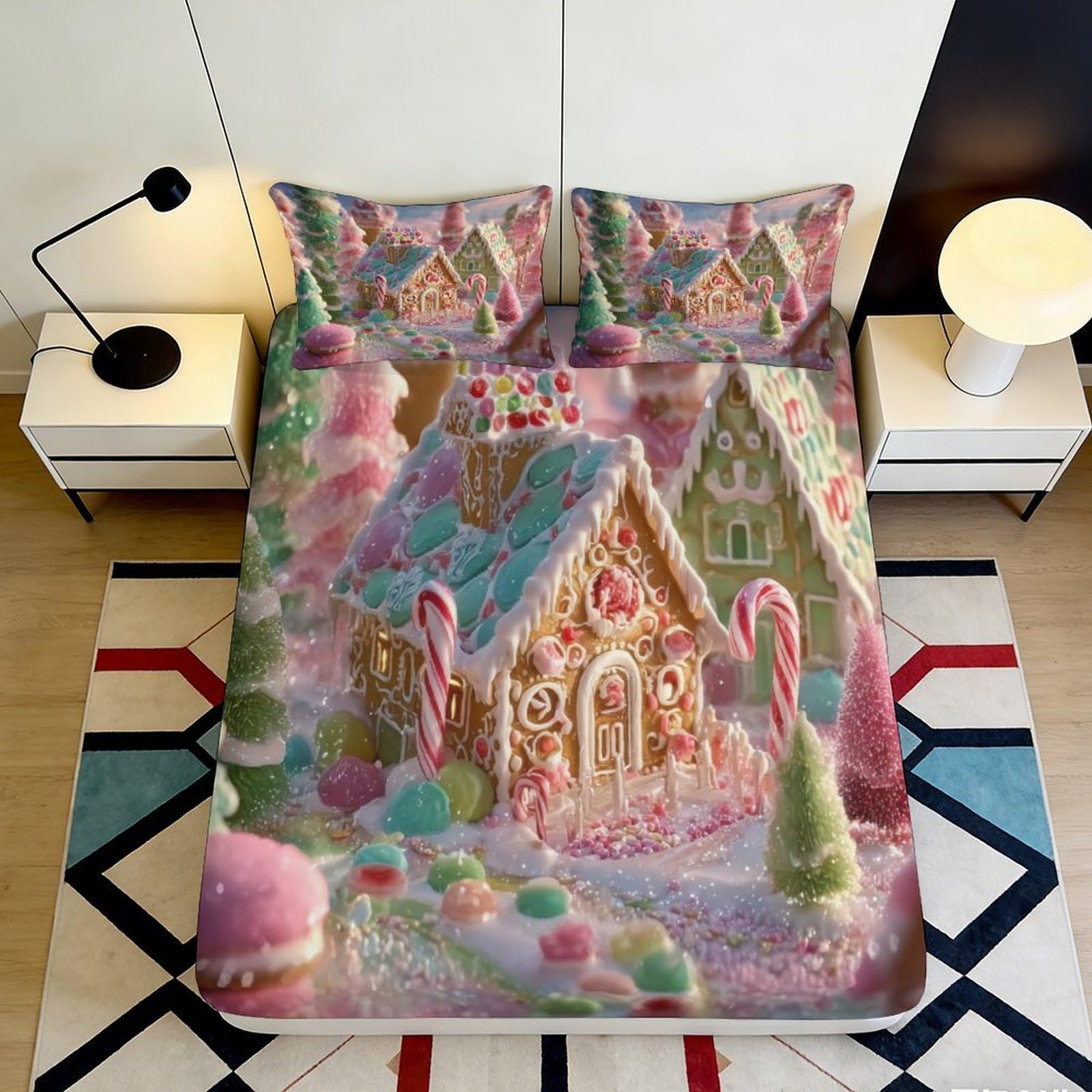 Pnayamiorkfel Style-2 3D Printed Gingerbread House Fitted Sheet Microfiber Pastel Candy Mattress Cover Anti-Slip Washable For Bedroom Guest Room Decor 90X200x25cm