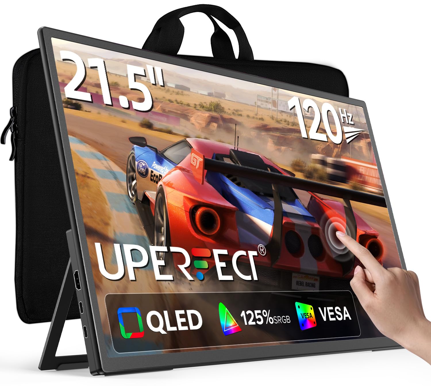 UPERFECT 21.5“ 120Hz QLED Écran Tactile Portable, 125% sRGB 2000:1 Contraste 1080P Grand Moniteur avec Pied Réglable à 180° USB C HDMI pour Laptop Consoles de Jeux PC, Compatible VESA