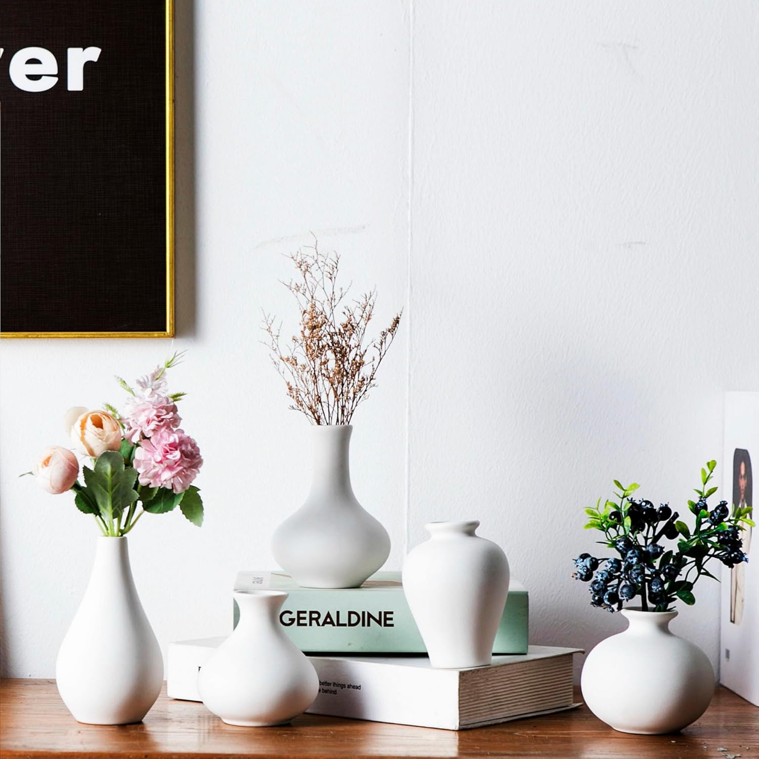 White Bud Vases, Ceramic Small Vase Set of 5, Mini Vases for Fresh and Dried Flowers, Modern Home Decor, Pottery Centerpiece Table Decorations