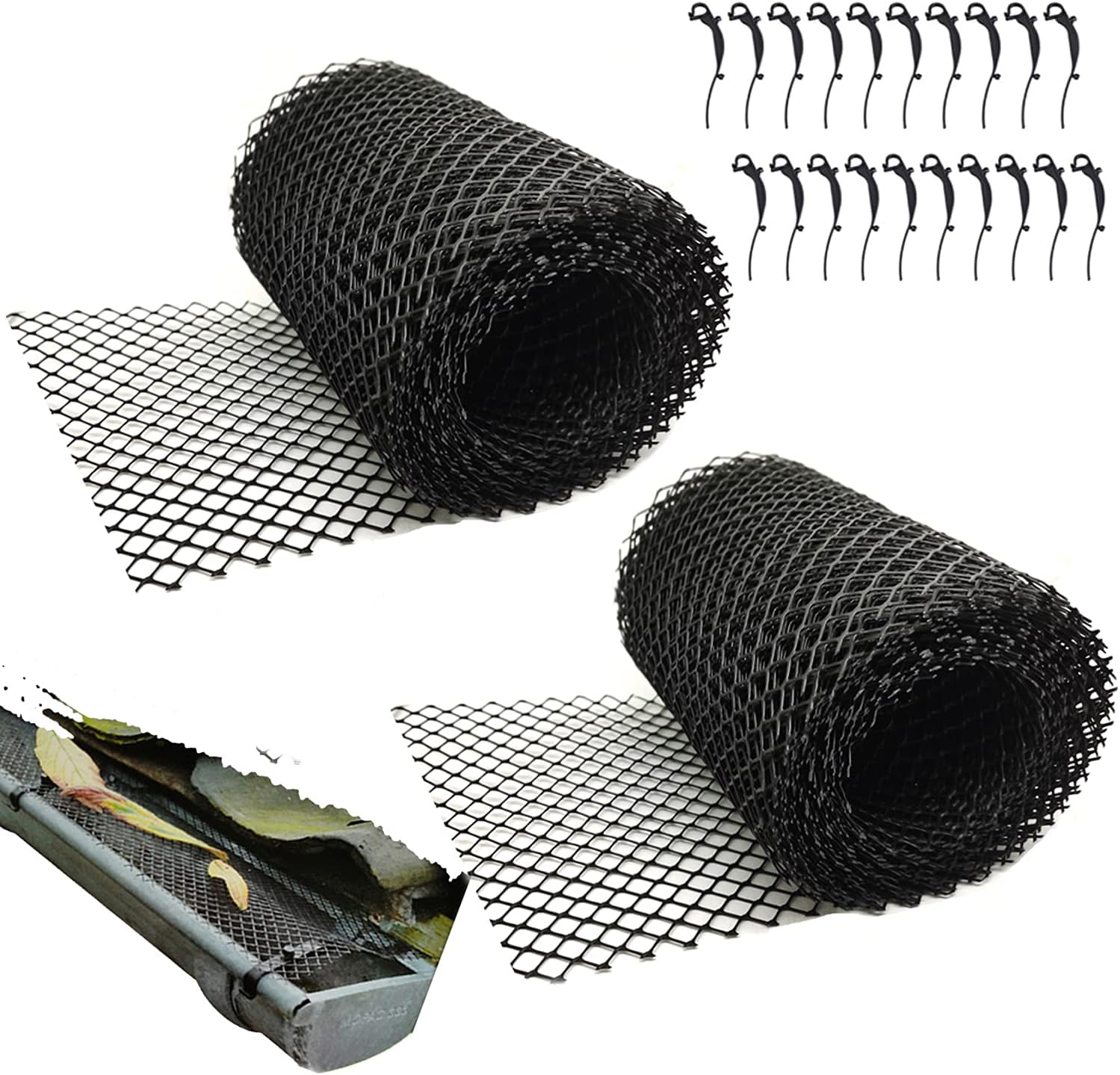 2-Pack Plastic Gutter Guard Mesh Roll 6” x 20Ft Rain Gutter Leaf Guard-Stop Clogged Gutters-with 20 Clip Fixed Hooks.DIY Gutter Protection.