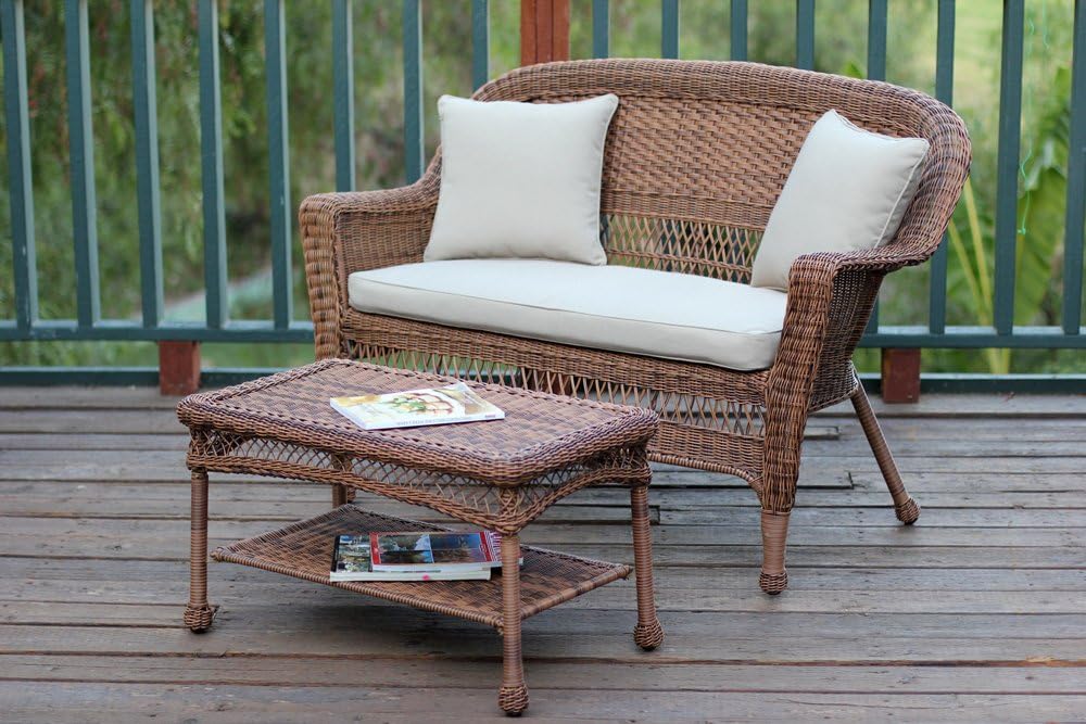 Jeco Wicker Patio Love Seat and Coffee Table Set with Tan Cushion, Honey