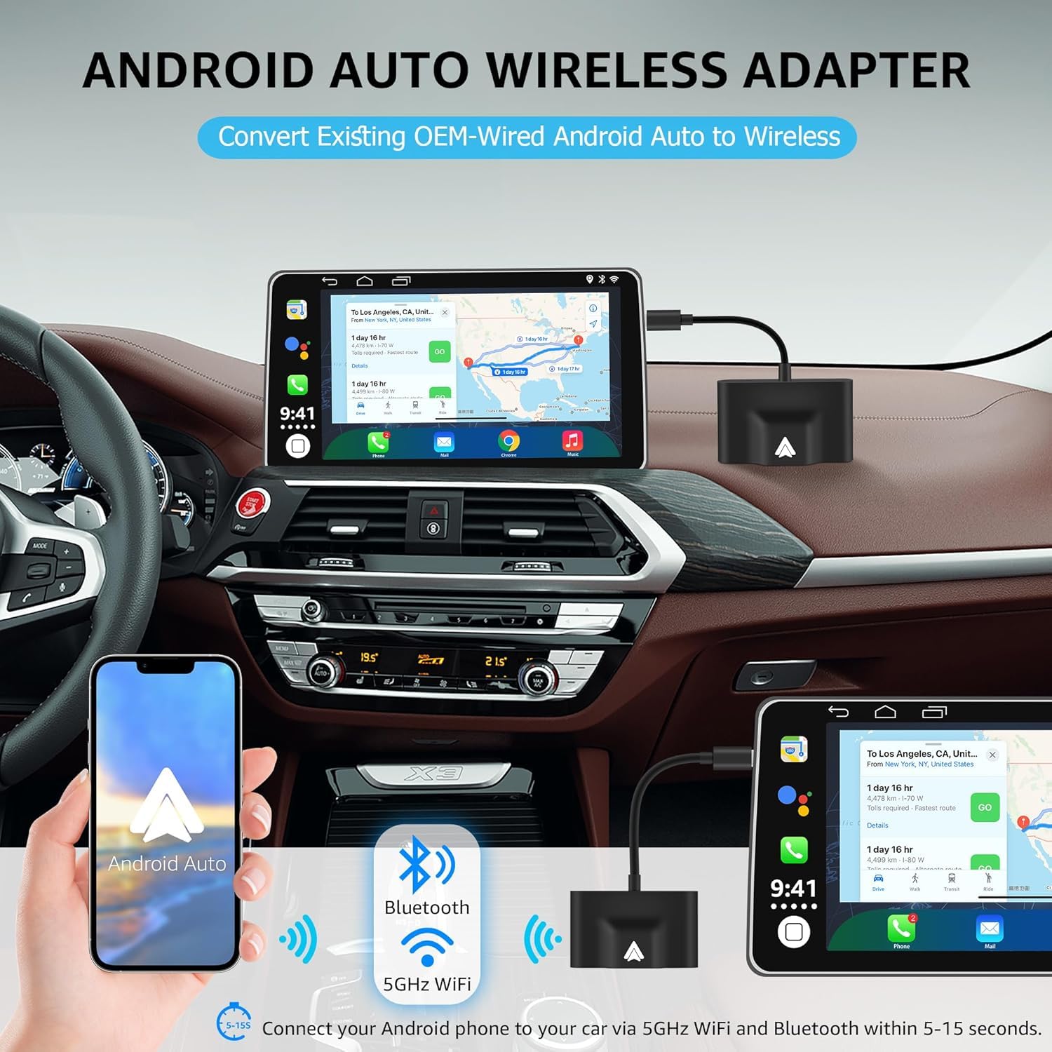 Adaptador Android Auto Inalambrico, Convierte la Conexión por Cable Existente en Inalámbrica, Plug and Play, Configuración Fácil, Android Auto Wireless Adapter