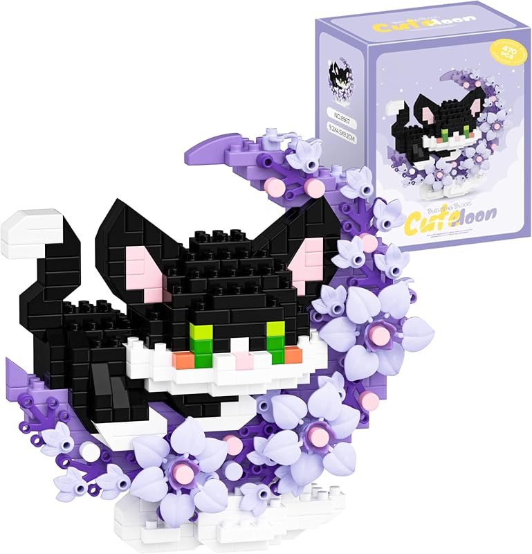 Tuxedo Cat Mini Building Blocks with Flowers, Moon Flowers Mini Building Set for Boys Girls, Animal Micro Building Kits, Home Office Décor Gift for Adults