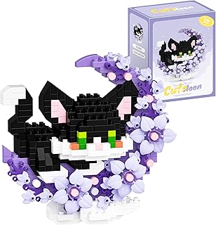 Tuxedo Cat Mini Building Blocks with Flowers, Moon Flowers Mini Building Set for Boys Girls, Animal Micro Building Kits, Home Office Décor Gift for Adults