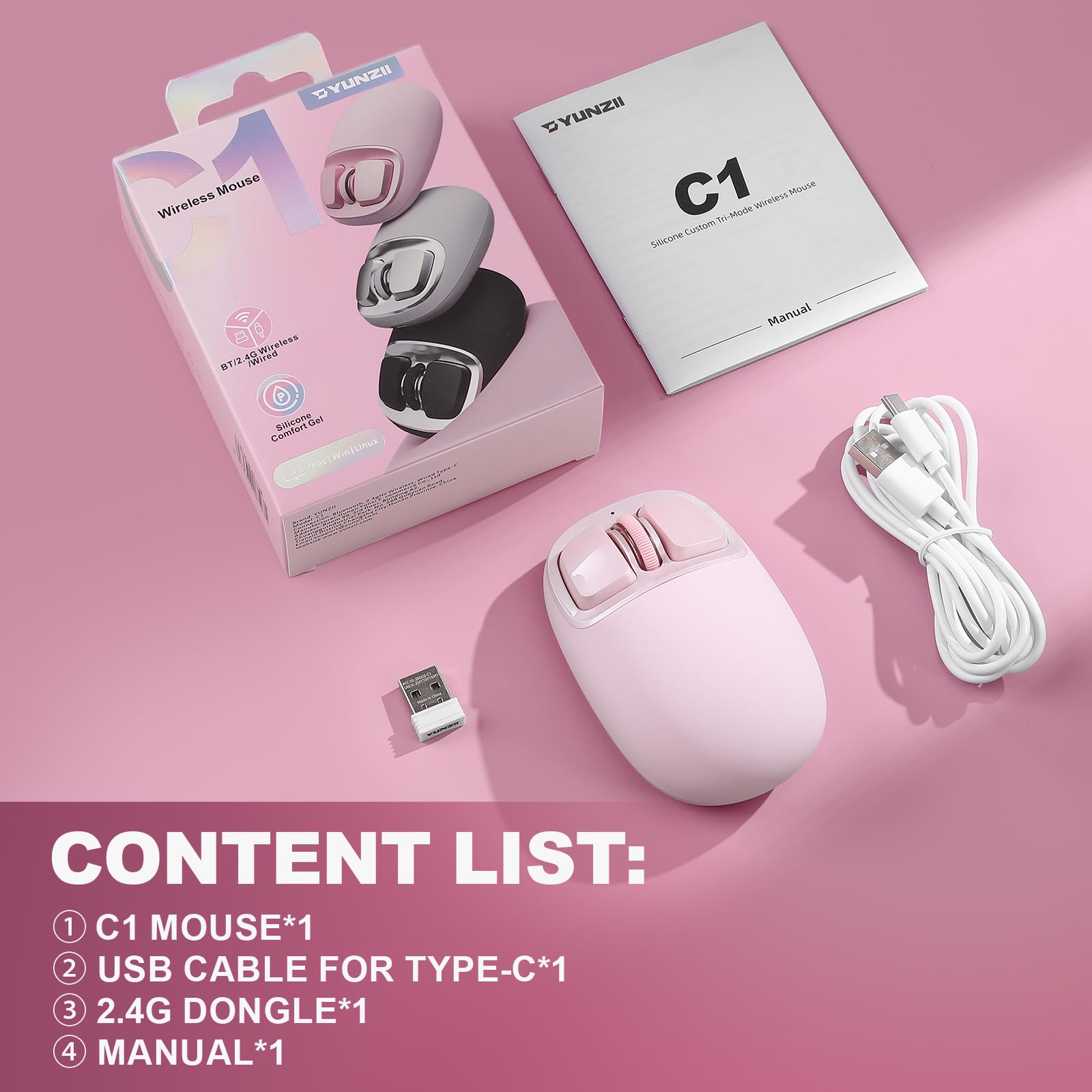 YUNZII C1 Siliconyowa Bezprzewodowa Mysz, 4800 DPI Śledzenie Optyczne, 6 Poziomów Regulacji, Tryb Potrójny 2,4 GHz/USB-C/Bluetooth, Konfigurowalna Mysz do Laptopa, Komputera, iPada (Różowy)