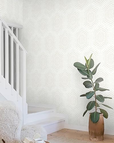 Miniatura 6 de Heroad Papel tapiz hexagonal para despegar y pegar, papel de contacto bohemio, geométrico, papel tapiz de lunares blancos y beige, papel de pared