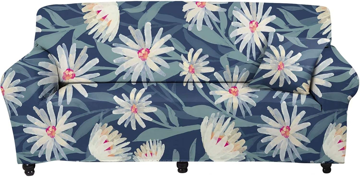 GIFTPUZZ Daisy Flowers Sofa slipcover Couch Slipcover Armchair Loveseat Cover Furniture Protector Soft Long Chair Slipcover with Elastic Bottom, Gray Blue, 92.5" to 118" Sofa 4 Seater