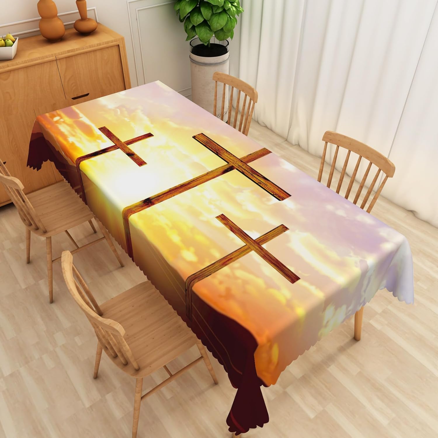 Jesus Christ Cross Tablecloth 60x84 Inch Sunset Scene Three Wooden Crosses Fabric Table Cloth Polyester Waterproof Reusable Rectangle Table Cover for God Bless Theme Party Dining Decoration