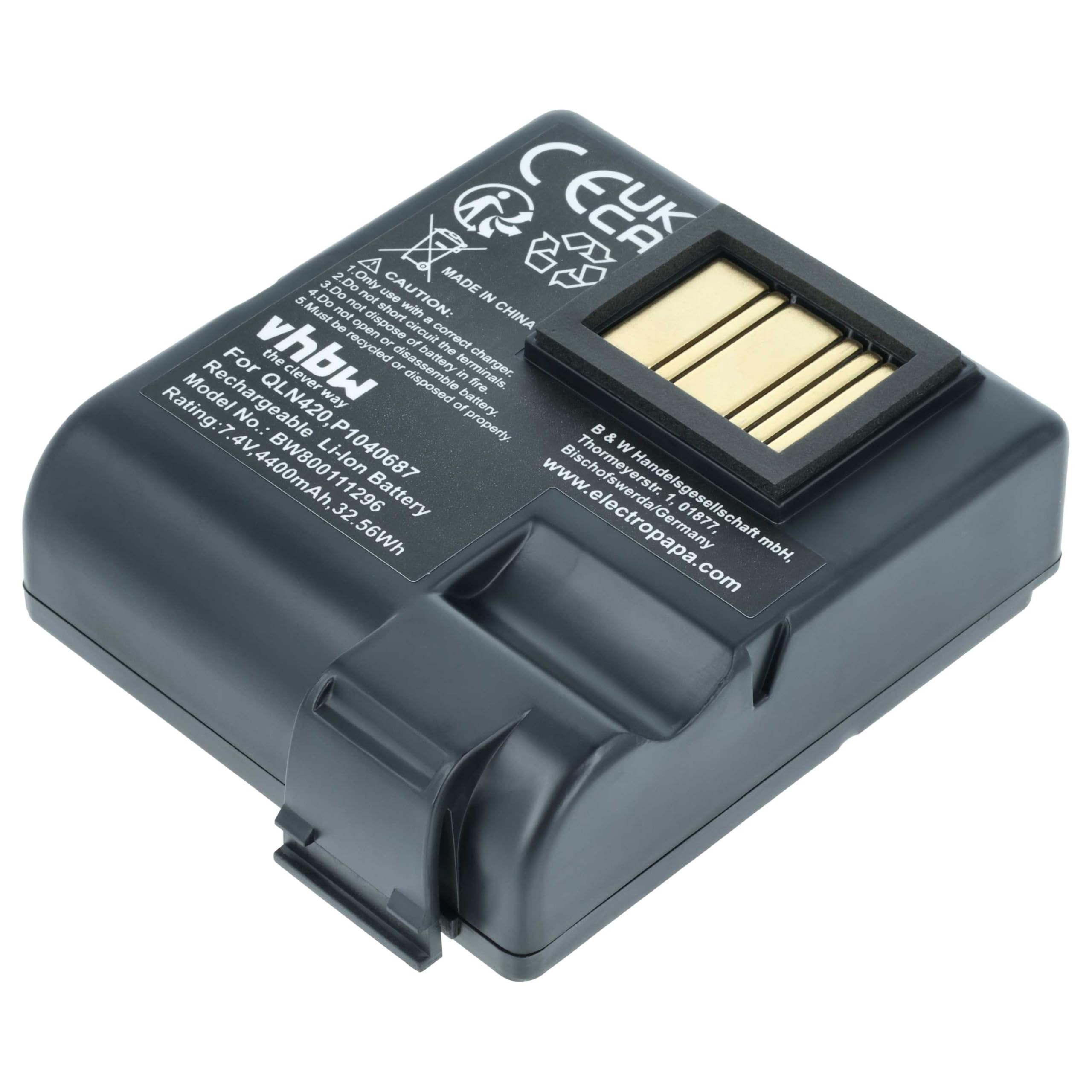 vhbw Akku kompatibel mit Zebra QLN420, ZQ630 Drucker Kopierer Scanner Etiketten-Drucker (4400 mAh, 7,4 V, Li-Ion)