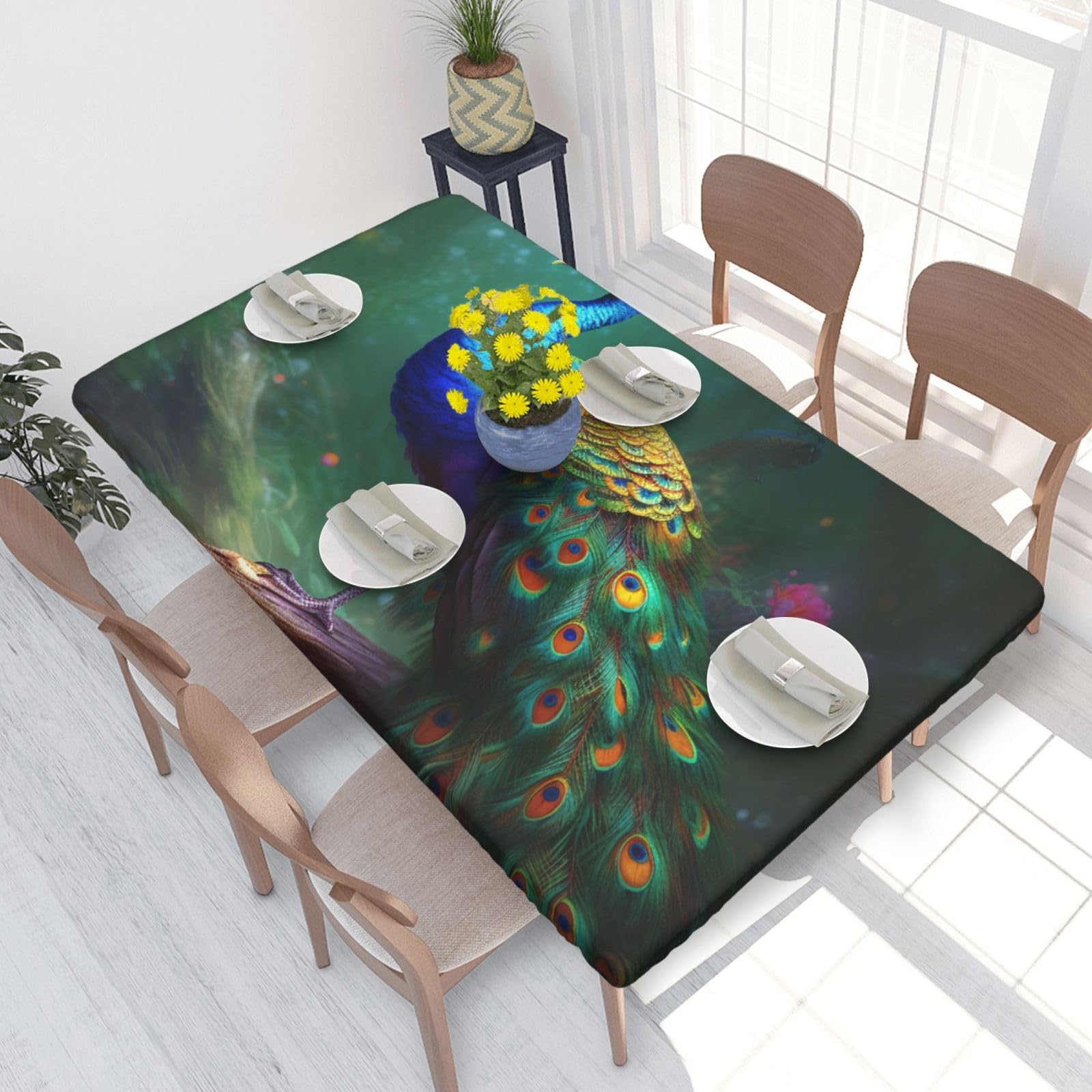 DCARSETCV Colorful Peacock Printed 4FT Waterproof Tablecloth with Elastic Edged Protect & Decor Your Table, Oil-proof Washable Table Cloth Cover for Dinner Picnic Party