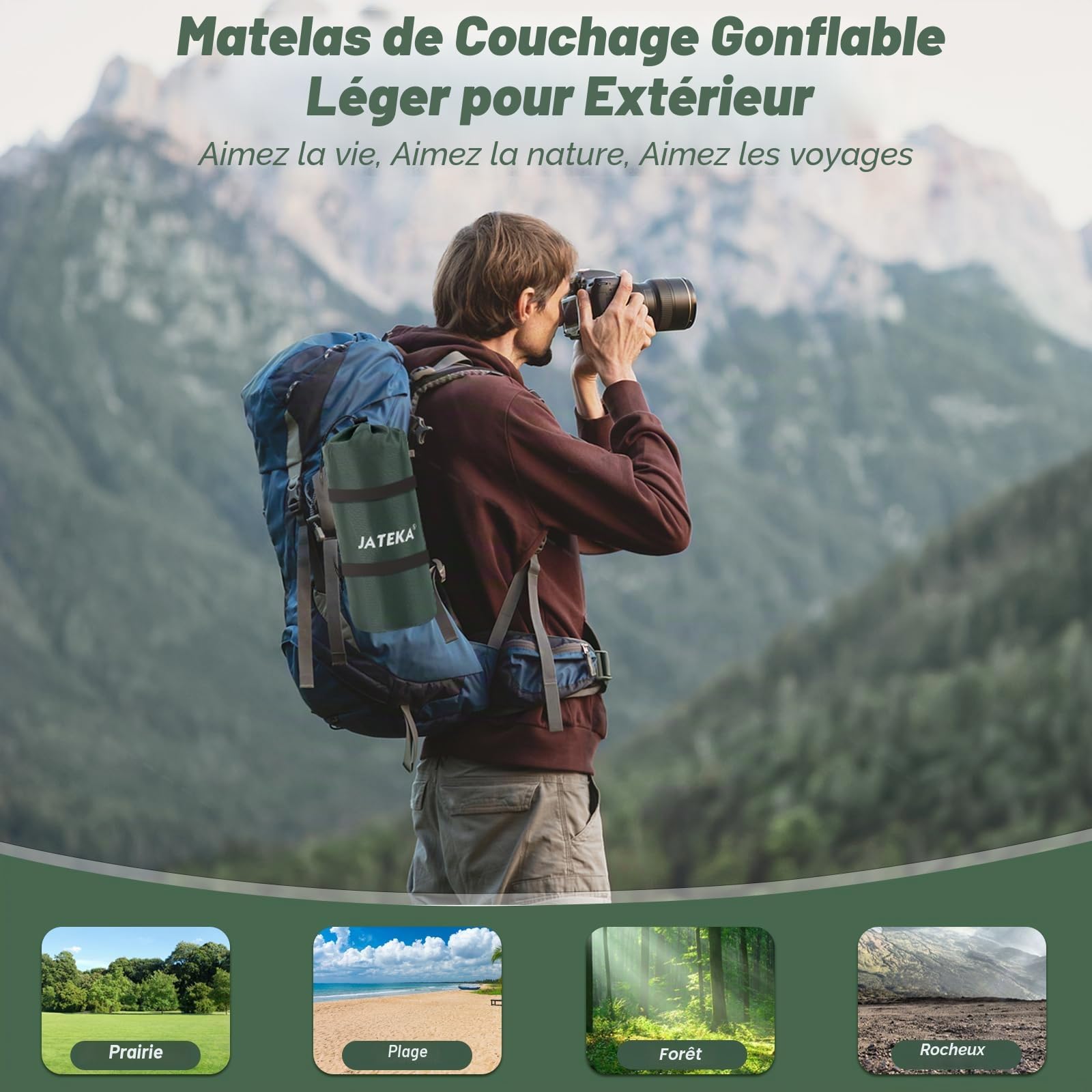 JATEKA Matelas Gonflable 1 Place, Matelas Camping Ultra Léger avec Pompe à Pied et Oreiller, Matelas Gonflable 1 Place Résistant à l'eau Portable et Compact Randonnée/Plage/Tente - Vert Militaire