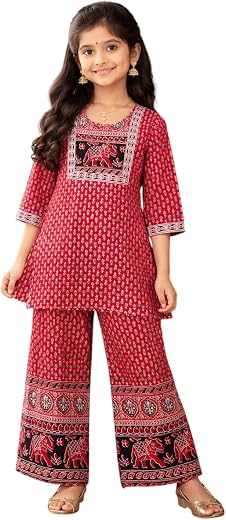 Aarika Girls Ethnic Wear Black Colour Floral Print Cotton Kurti Palazzo Set