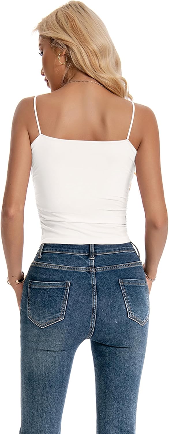 Women Camisole Tube Tops - Crop Bandeau Tank Built in Bra Spaghetti Strap Y2K Basic Cute Sexy Padded Cami Top