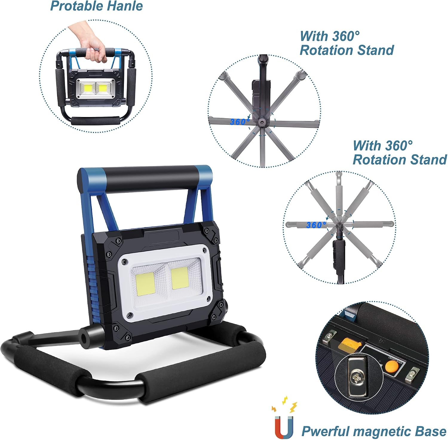 Rechargeable Work Light Torchlet Solar Led Work Lights with 2500LM, 5000 Capacity, 3 Work Modes, Portable Flood Light 360° Rotation Stand with USB Output as a Power Bank