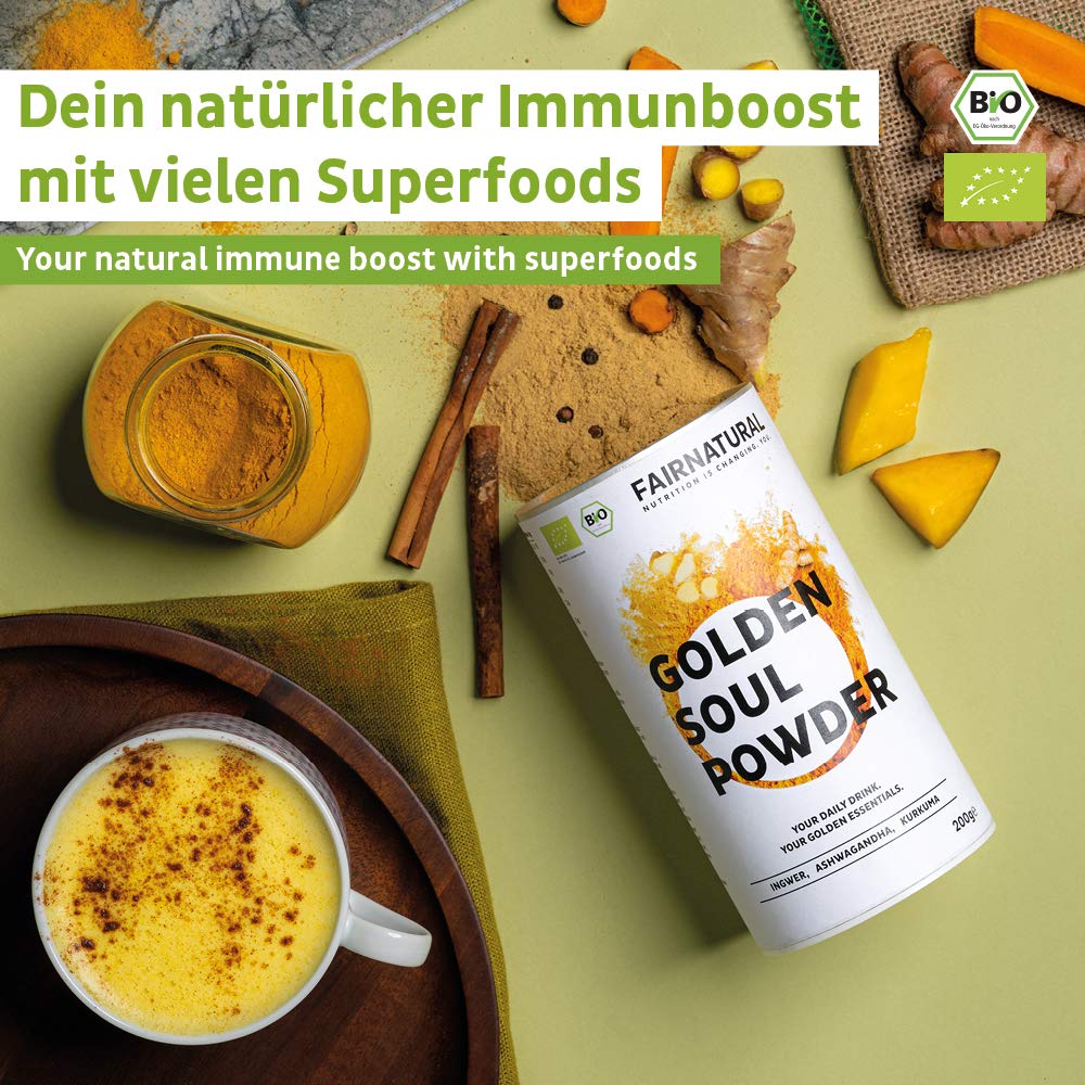 BIO Curcuma e Piperina Latte in polvere I Golden Milk alla curcuma in polvere con zenzero e molti altri superalimenti [dalla Germania] Immune-Boost & anti-infiammatori con curcumina - 200g
