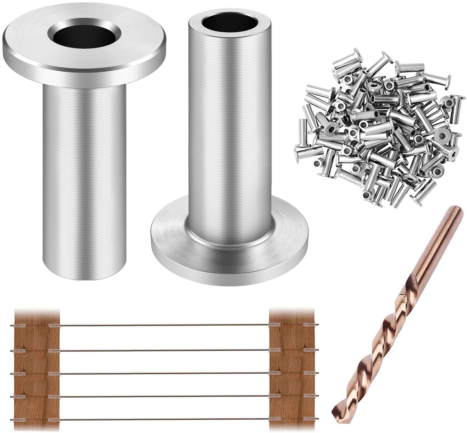 CKE 80 Pack T316 Stainless Steel Protector Sleeves for 1/8" Wire Rope Cable Railing, DIY Balustrade T316 Marine Grade, Come with A Free Drill Bit