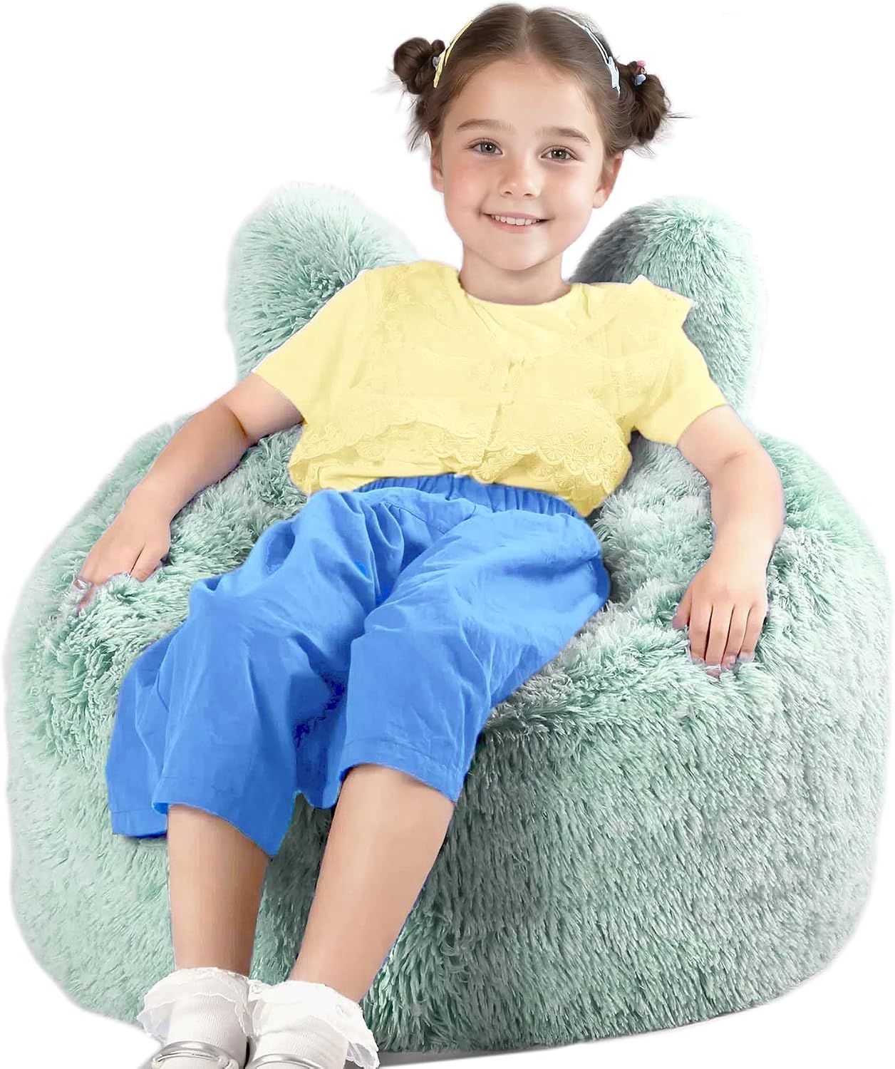 Fluffy Bean Bag Chair for Kids, with Plush Faux Fur Cover, 2.5FT Memory Foam Bean Bag Chairs for Teens & Kids, Ultra Soft Sofa for Living Room/Bedroom/Dorm,Green image 2