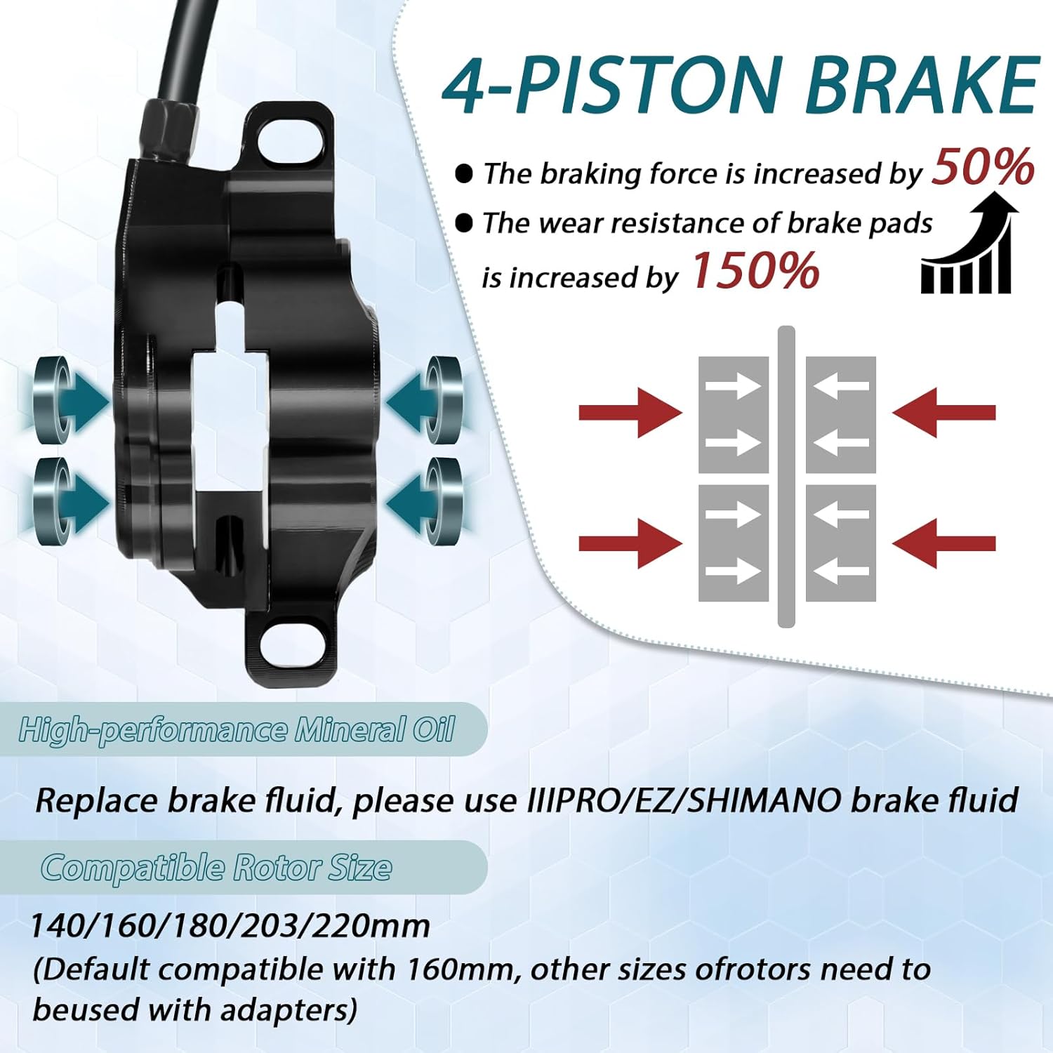 BUCKLOS IIIPRO E500 2-PIN 4 Pistons E-Bike Electric Power Off Hydraulic Disc Brake Set, MTB Left Front 884mm Right Rear 1850mm Aluminum Alloy Caliper Lever for ebike/Scooter/Mountain Bike