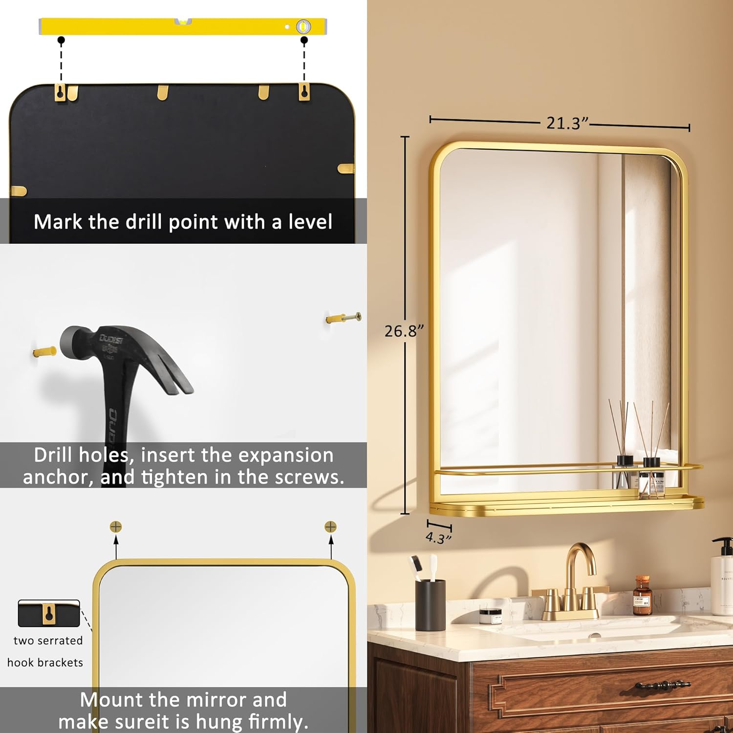 Gold Bathroom Mirror with Shelf 26.8x21.3 Inch Metal Framed Vanity Mirror with Shelves Wall Mounted Modern Rectangle Matte Mirror for Bathroom Wall Anti-Rust