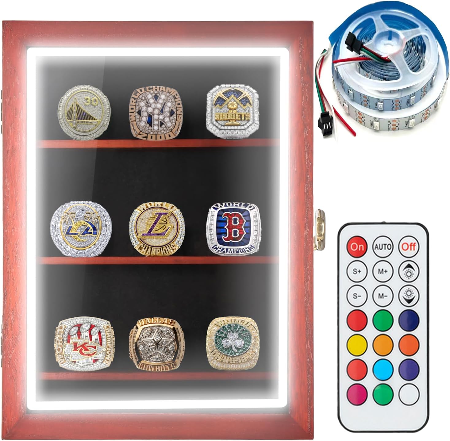 Championship Ring Display Case RGB LED - 9 Ring Large Baseball Ring Display Cases – Wall Display Case Ring Storage, Baseball Ring Holder Display, Holds Basketball Football Rings (Red)