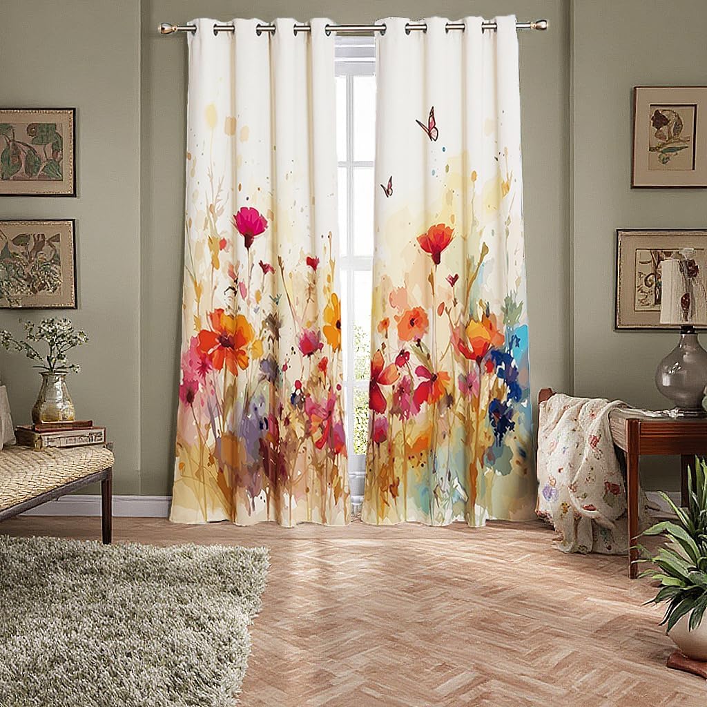 Floral Blackout Curtains 96 Inches Long Living Room Watercolor Farmhouse Window Panels Room Darkening Curtains Thermal Insulated Light Blocking Butterfly Printed Grommet for Bedroom, 2 Panels