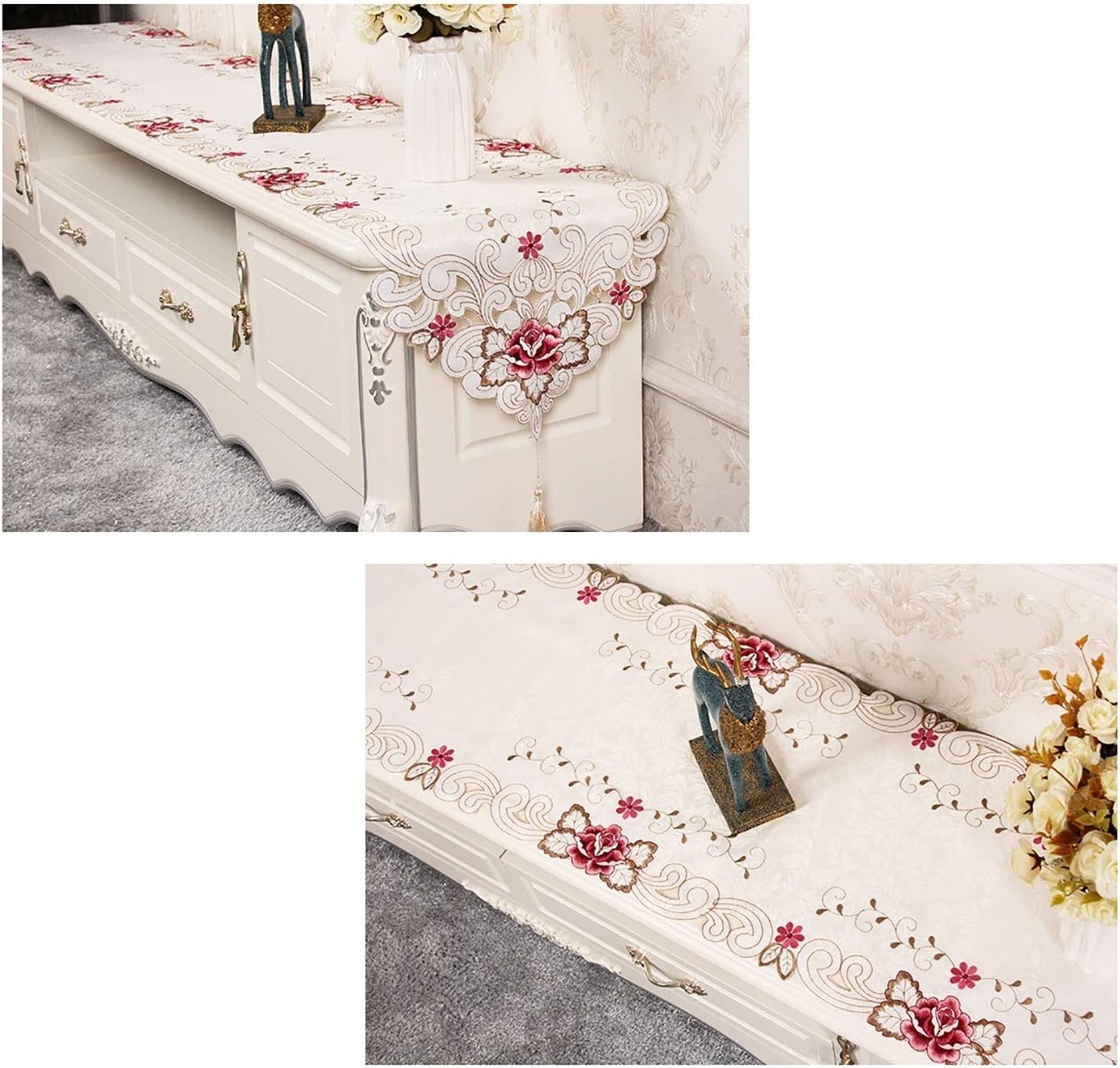 Handmade Simple Rectangle Table Runner Vintage Embroidery Rustic Romantic Wedding Decor Table Runner with Tassels (D 40 * 218cm)